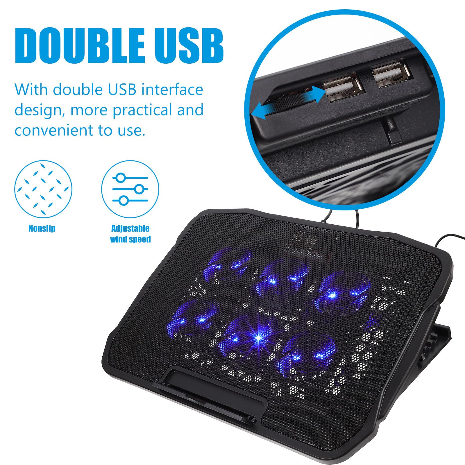 Healeved Refroidisseur D'ordinateur Portable en Fer et Plastique Multifonctionnel Double Interface USB et Vitesse de Vent Réglable pour Bureau et Maison