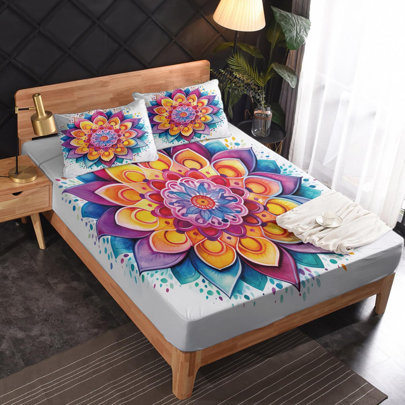 Zvynqour Mandala Bohemia Sheets California King Size - Boho Art Bed Sheets - Deep Pocket Fitted Sheets & Flat Sheets & Pillowcases 4 Piece Set - Colourful Lotus Bedding & Decor - Soft Cosy Microfibe