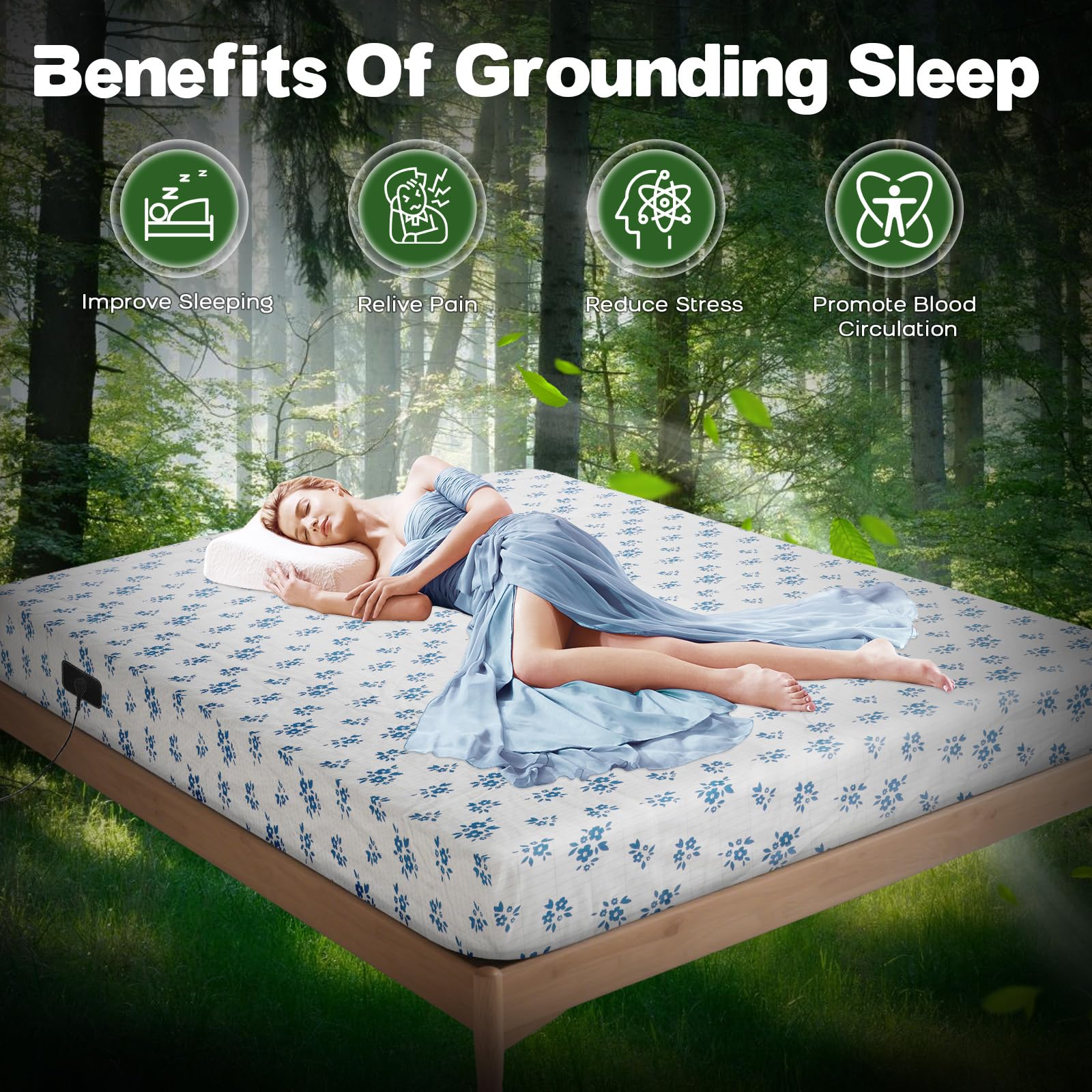 Lenzuolo di messa a terra conduttivo con 10% fibra d'argento e 90% cotone biologico, Connessione a Terra con Cavo e Adattatore per Sonno Migliore Recupero Energetico (200x200cm)