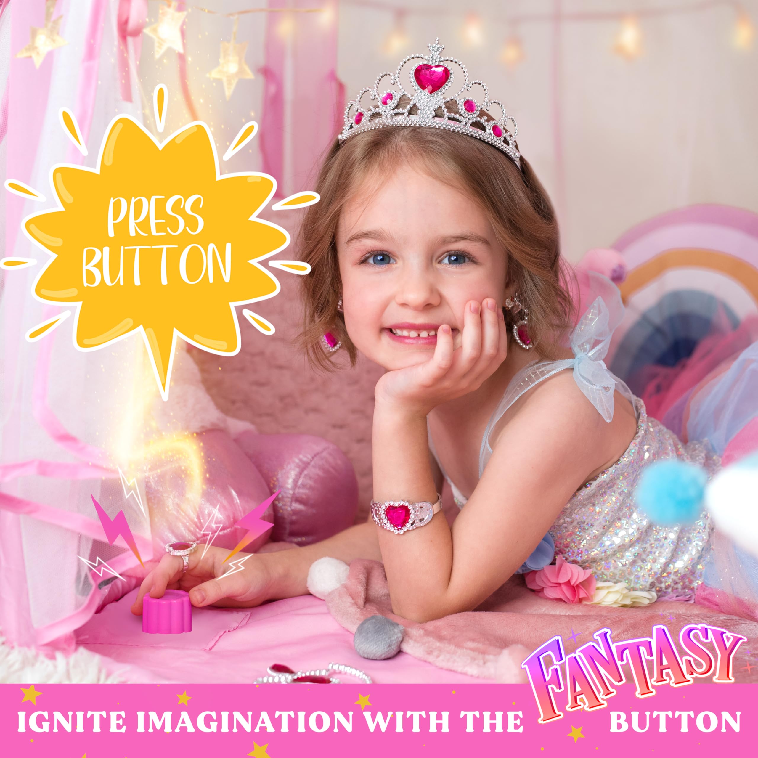 W&O Princess Tent with Fantasy Sound Button, LED Lights, Crown & Wand Set – Indoor & Outdoor Play Tent for Kids Ages 3-8