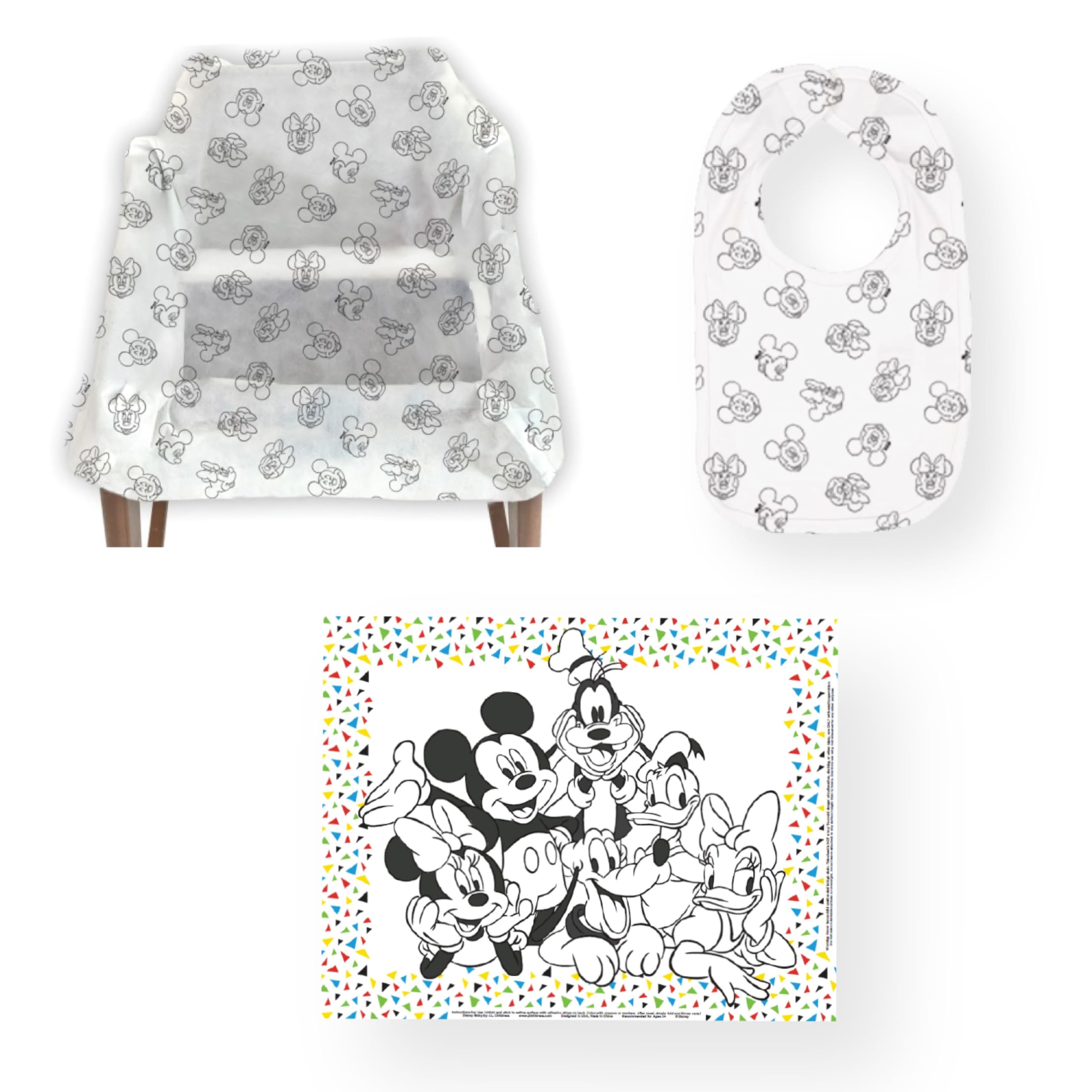 J.L. Childress Disney Baby Dining Out Bundle - Disposable Table Placemats & Bibs for Baby, High Chair Covers for Restaurant, Kids Travel Essentials