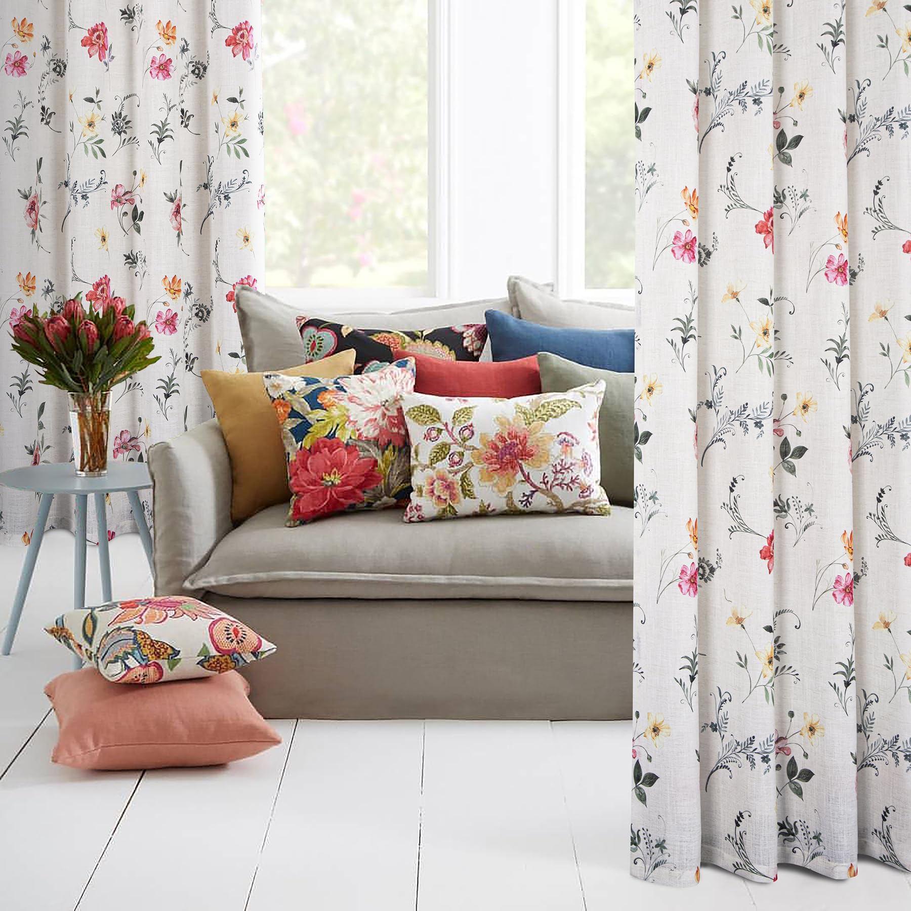 always4u Rideaux à Fleurs Classiques Vintage en Faux Lin, Rideau Semi-Transparent avec des Éléments Naturels, Filtrage de la Lumière, pour Salon et Chambre,Pivoine,140x245cm Lot de 2