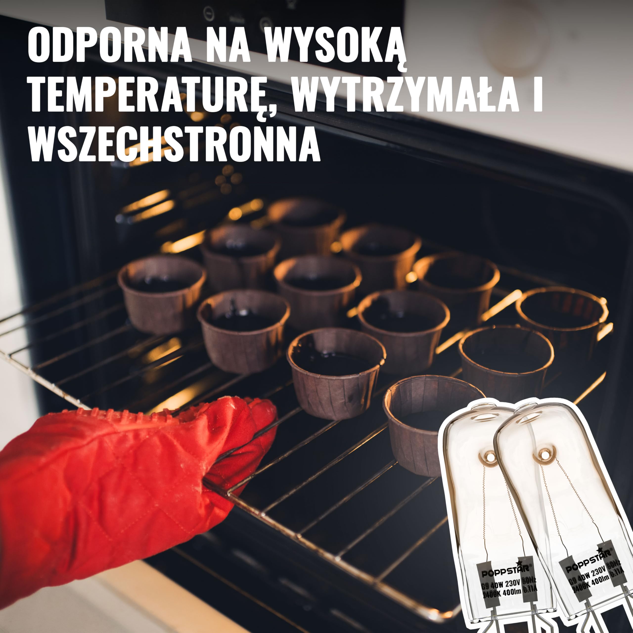 Poppstar 2 żarówki do piekarnika G9 40W, odporna na wysokie temp. do 300°C (barwa światła: biała, ciepła 2400K, 400lm)