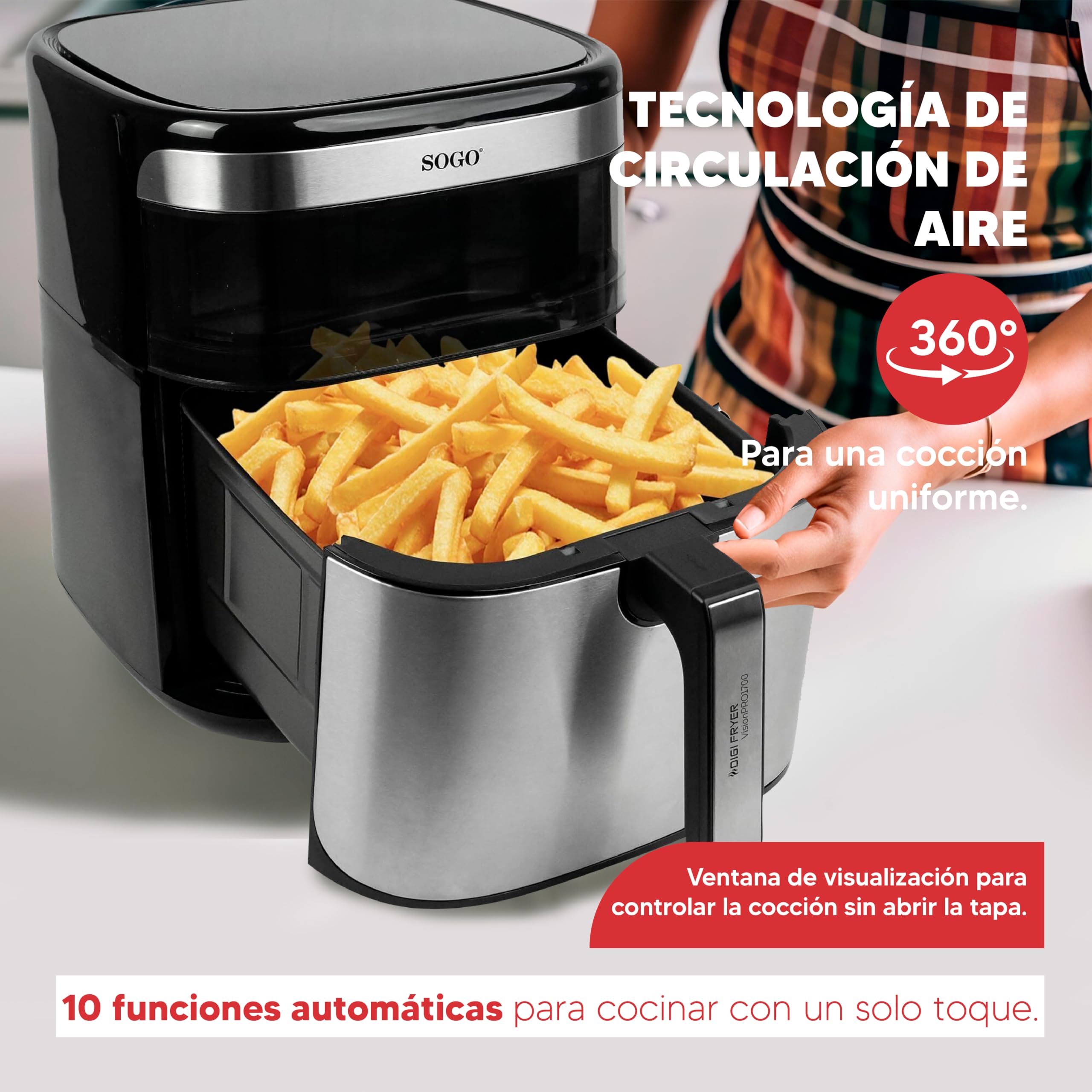 SOGO Freidora de Aire 10L sin Aceite con Pantalla Táctil LED y 10 Funciones - Air Fryer Digital con Cesta Cerámica Antiadherente y Ventana de Visión - Freidora Aire Grande para Cocina Saludable