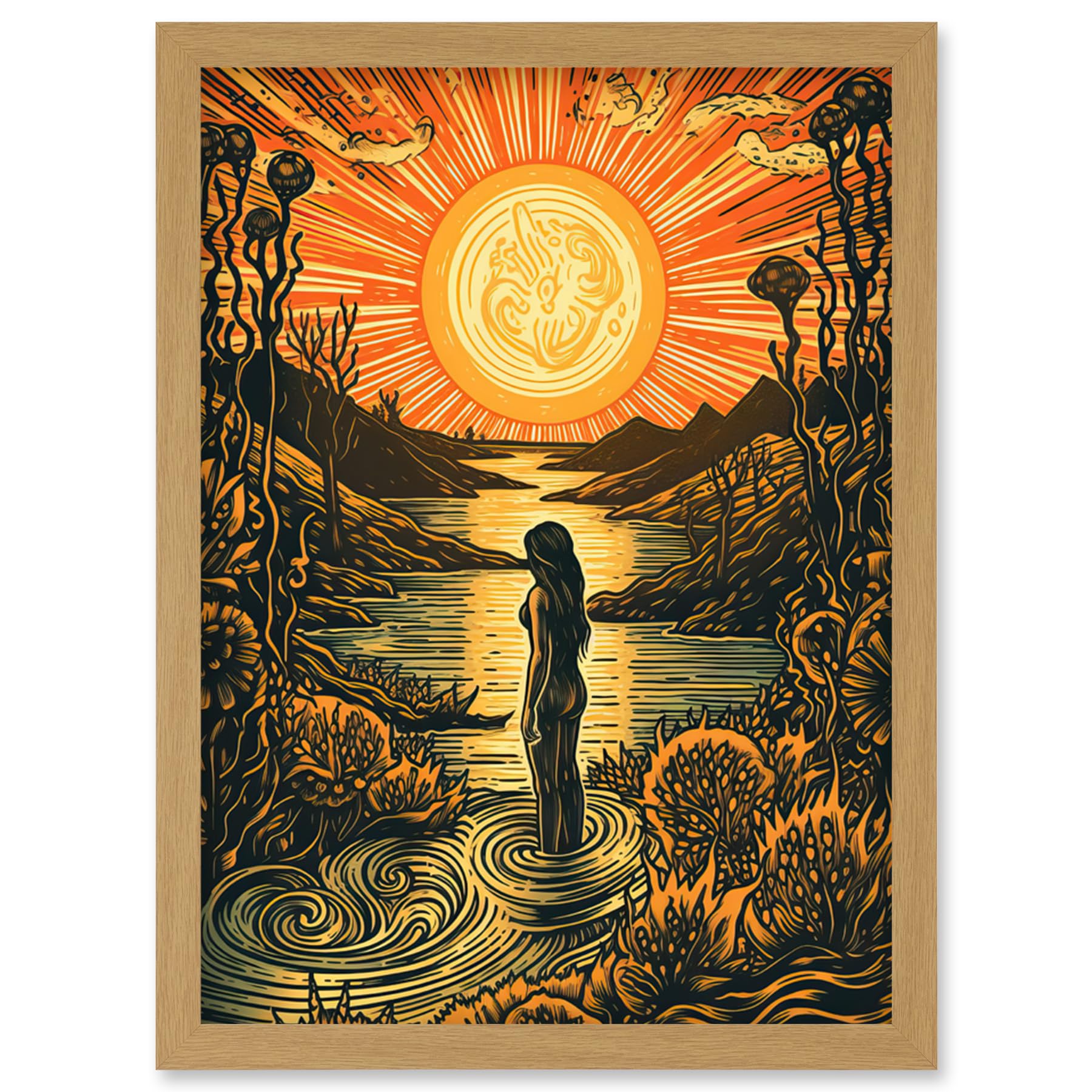Artery8 Woman Bathing in Creek at Sunset Modern Linocut Artwork Framed Wall Art Print A4