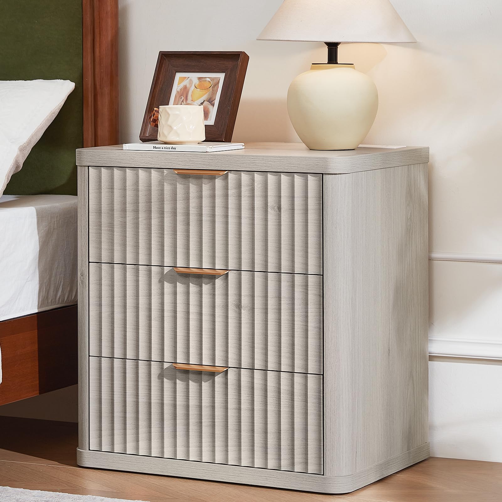 LEYAOYAO 23" Wide Fluted Night Stand with Charging Station, 3 Drawers Large End Table with Storage, LightGrey Nightstand Wood Bedside Tables, Farmhouse Cabinet Dresser for Bedroom, Closet