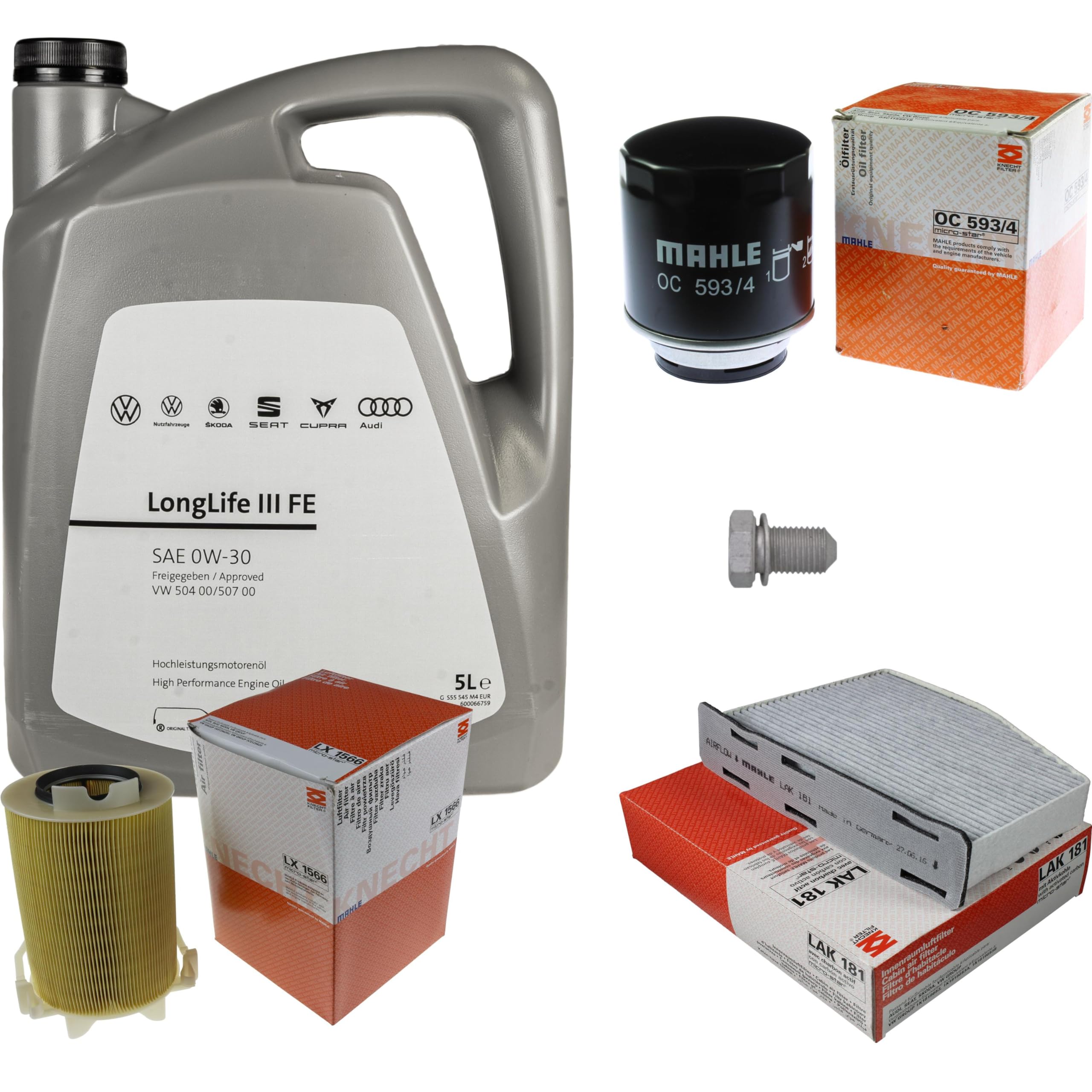 Pacchetto di ispezione pacchetto di manutenzione filtro con 5 l 0W-30 olio motore LongLife 3 FE, filtro dell'olio, filtro dell'aria abitacolo (carbone attivo) vite di scarico dell'olio