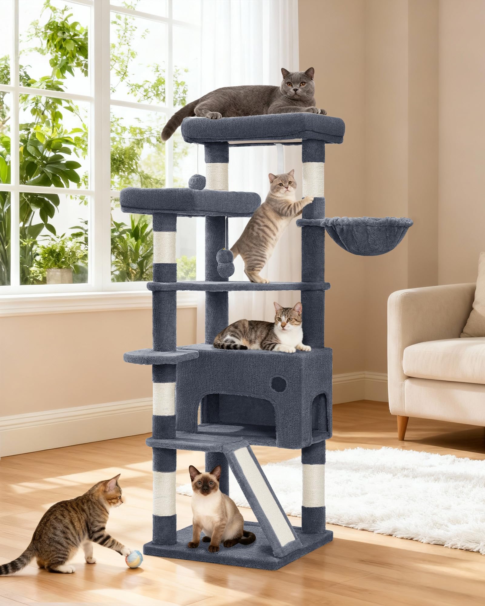 Hzuaneri Tiragraffi per Gatti, 153 cm con 6 Pali Graffiatoi, 1 Ampia Grotte, 3 Grandi Piattaforme, Cestino, Palline di Peluche, Graffiatoio, Grigio Scuro MS15418SG