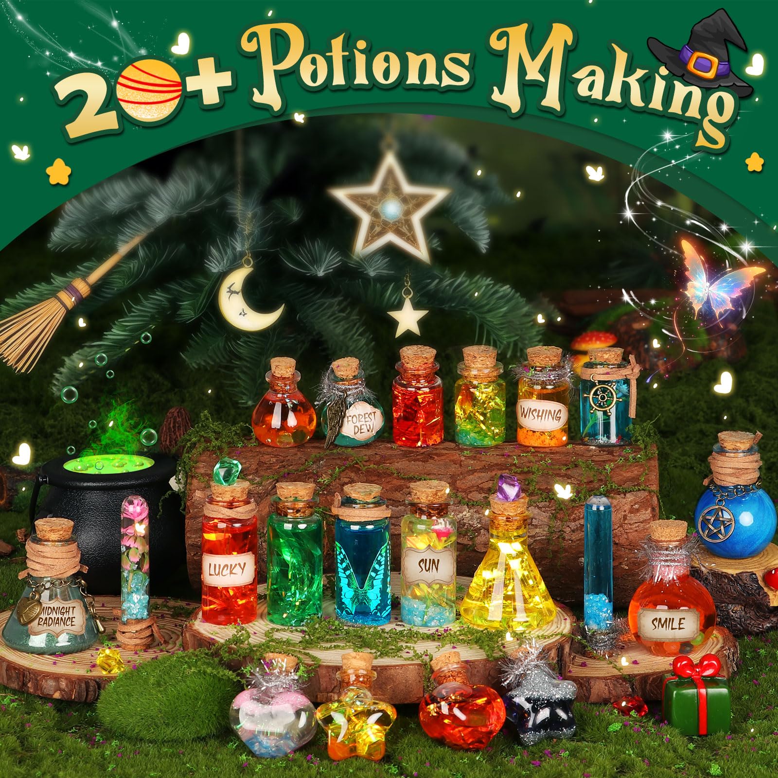 Kit de Potions Magique Maison de Fée - 20 Potions avec Poussière de Gemmes, Jouet Créatif Cadeau pour Enfants 6+ Ans Noël & Anniversaire
