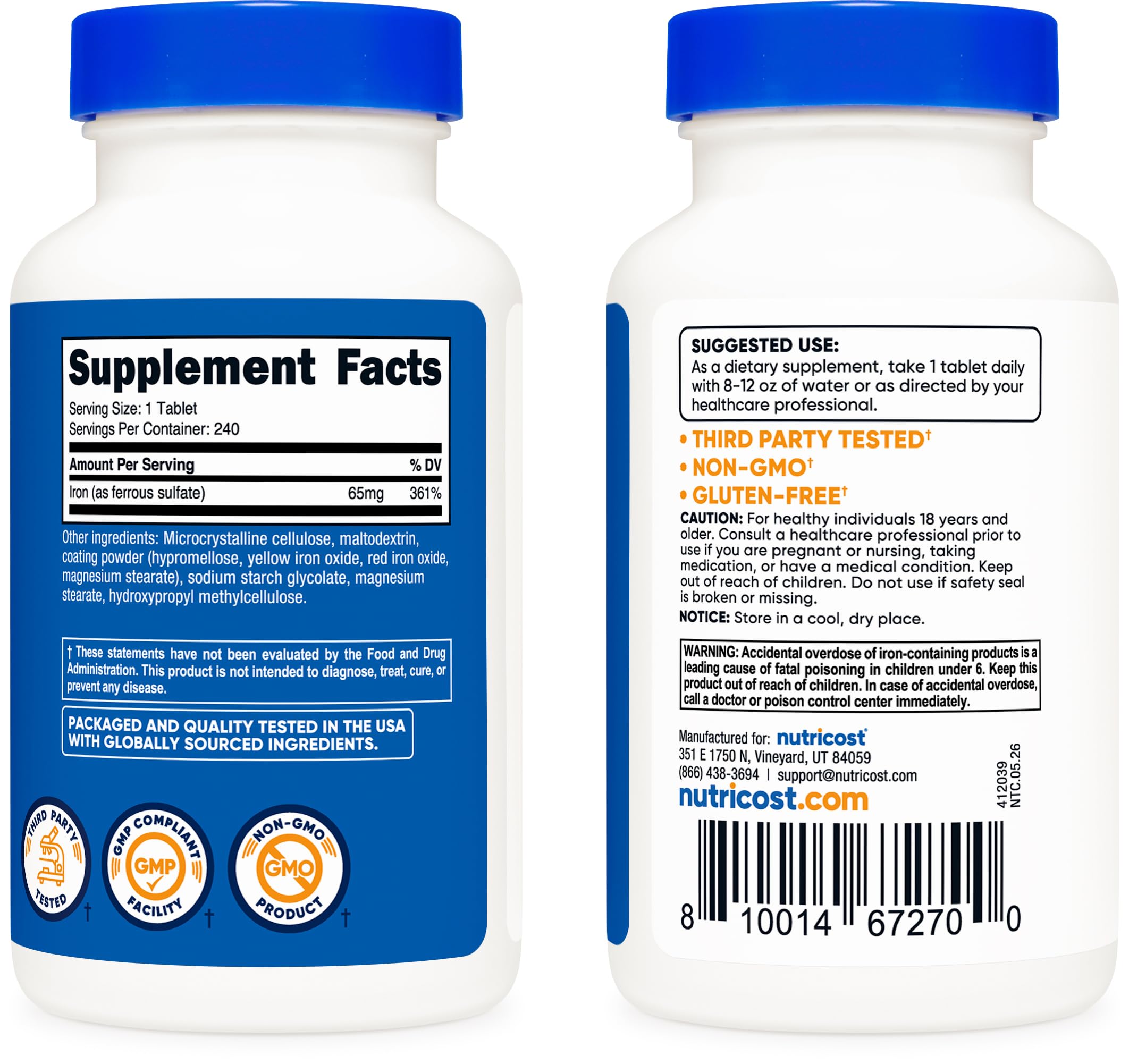 Nutricost Iron (As Ferrous Sulfate) 65mg, 240 Tablets, Gluten Free — Amazon image 6