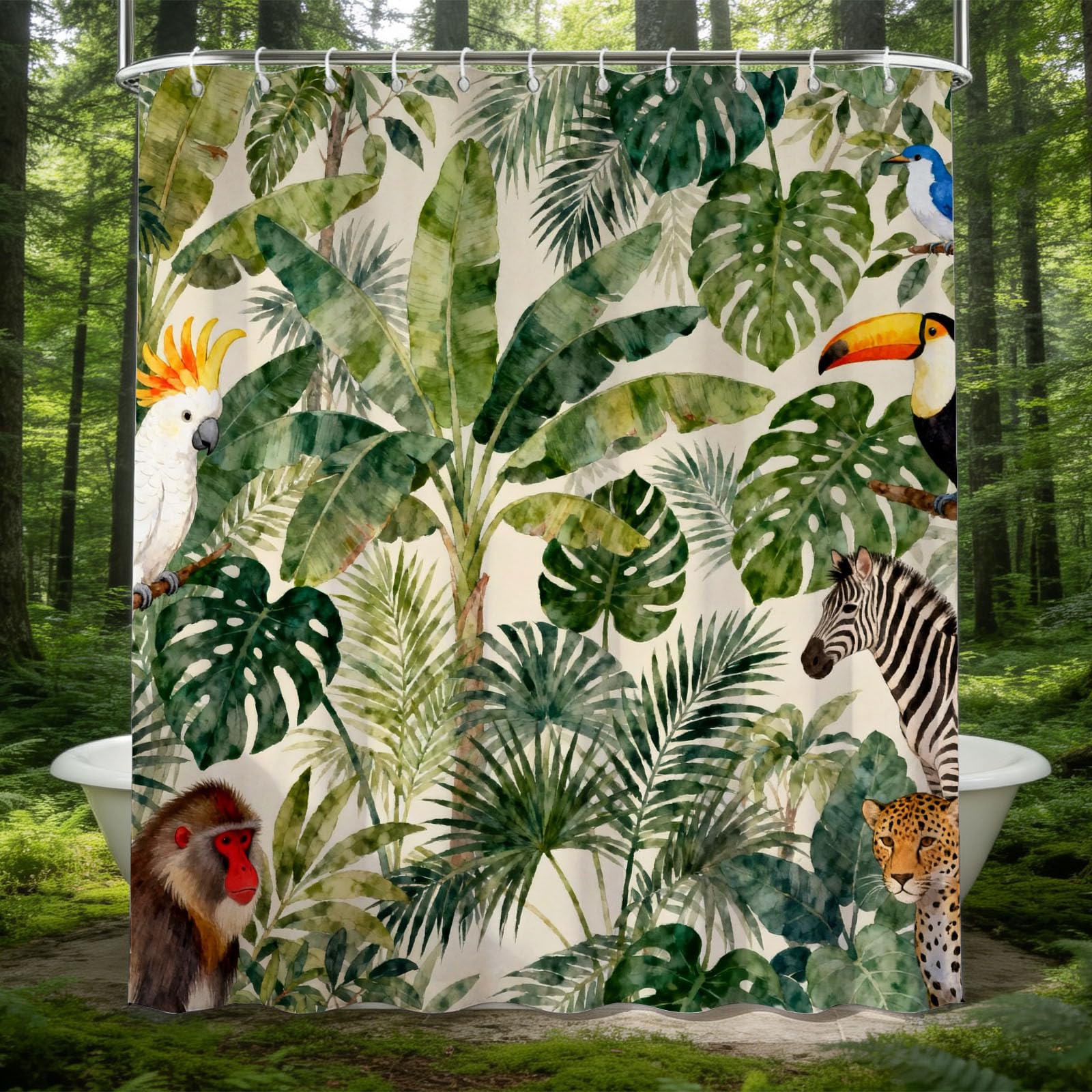 Hongduo 3D Rainforest Animals Shower Curtain for Stalls Bathtubs Watercolor Bathroom Decor Shower Curtain Set Polyester Fabric Waterproof 180x180cm/71X71 Inch with Hooks
