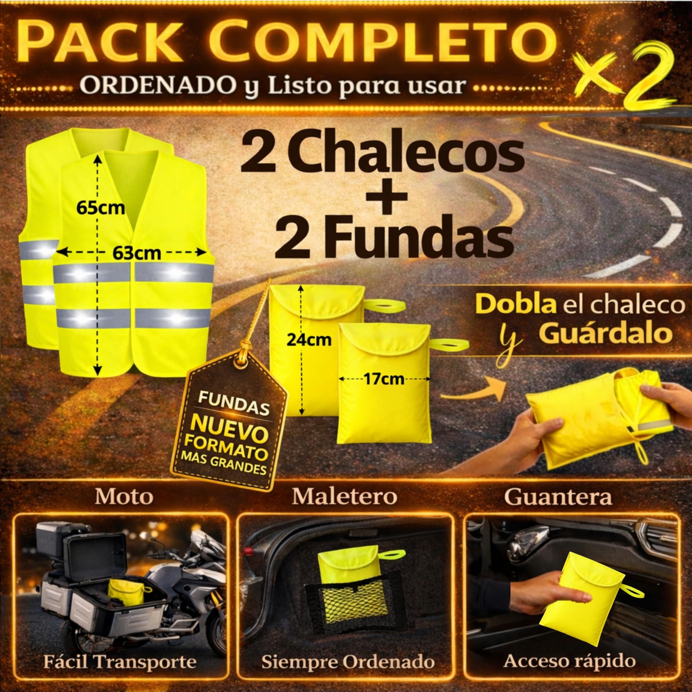 LiveLaif Pack 2 Chaleco Reflectante Homologado DGT ISO 20471 + 2 Fundas Grandes | Chaleco Trabajo Alta Visibilidad Amarillo | para Coche, Moto, Obra y Emergencias | Talla Única Unisex — view 2