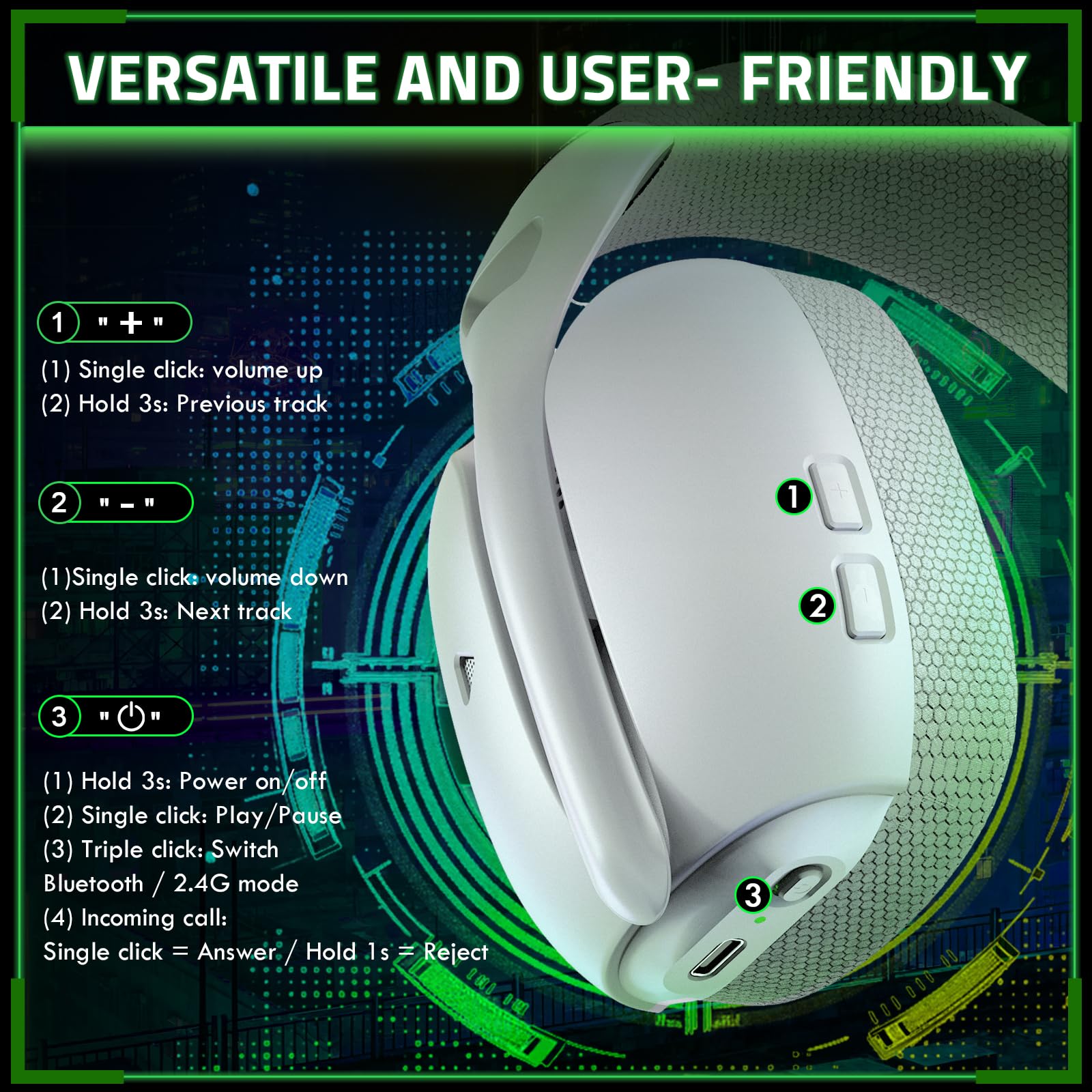 ATTACK SHARK L80PRO Cuffie da Gaming Wireless, Microfoni Doppi Regolabili, Suono Surround 3D, 20ms di Bassa Latenza, Driver da 40mm, 3 Modalità (2.4G/Bluetooth/Cablato) per PC/Phone-Bianco