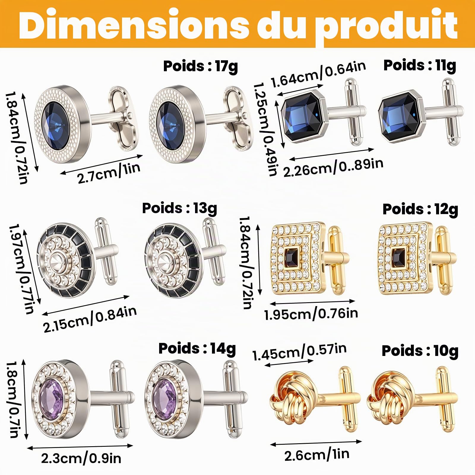 COMNICO Lot de 6 paires de boutons de manchette pour homme - Magnifiques boutons de manchette en cristal de diamant - Tendance et classique - Boutons de manchette ronds carrés rectangulaires - Cadeaux