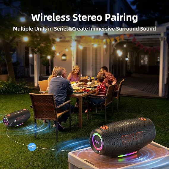 ZEALOT 120W(Peak) Bluetooth Speaker with Deep Bass, Portable Wireless Speaker with RGB Light, IPX6 Waterproof Outdoor Speaker, 24000mAH, USB/TF, Stereo Pairing, Party Speaker for Camping Beach Home