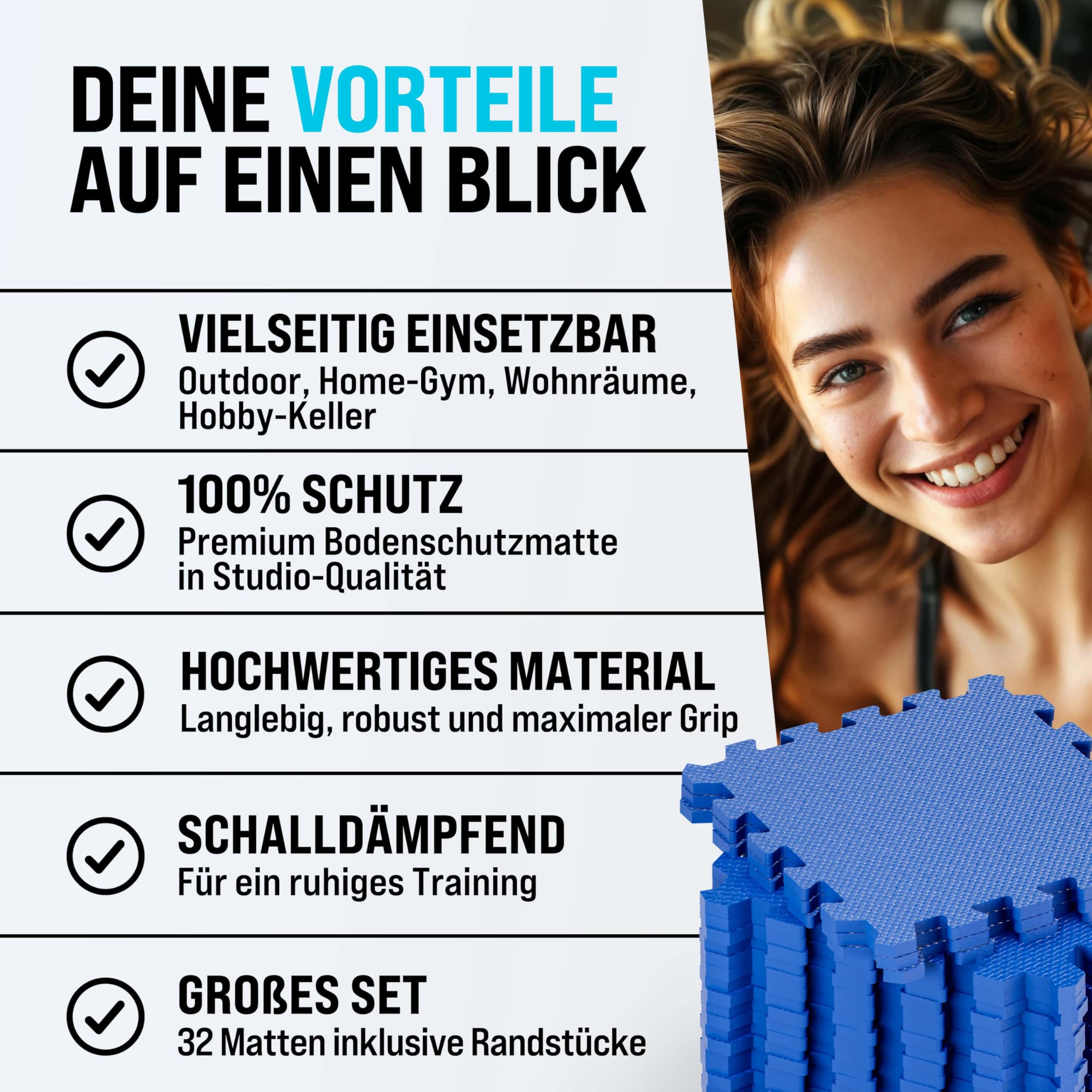 MONZANA® 32x Bodenschutzmatte für Pool & Fitness 45x45cm rutschfest Fitnessgerät Wärmeisolierend Eva-Schaumstoff Erweiterbar Unterlage Blau
