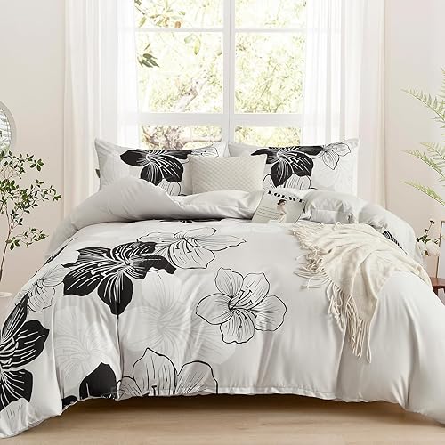 DJY - Juego de funda de edredón de 3 piezas, tamaño queen, negro y blanco con patrón floral, elegante funda de edredón boho floral con 2 fundas de
