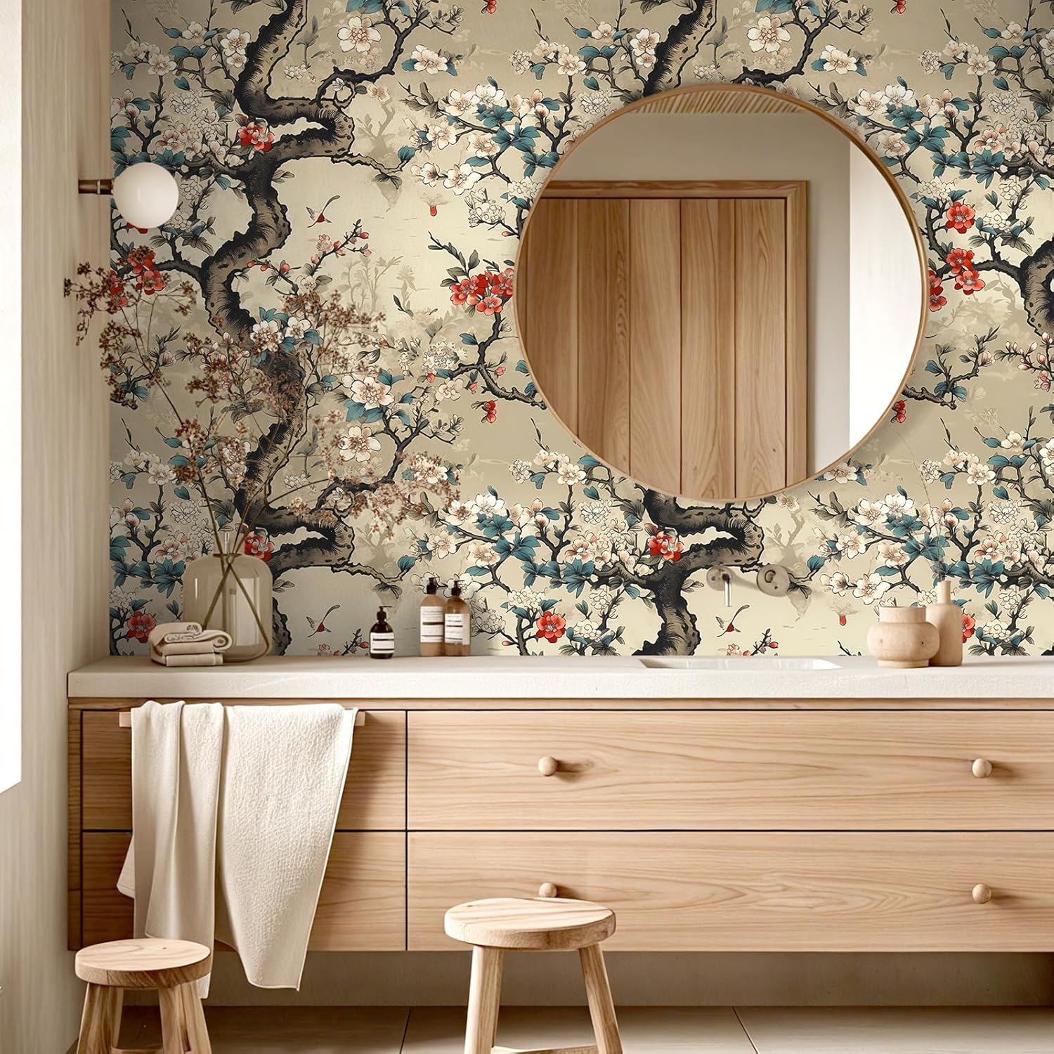 VEELIKE Oriental Japanese Cherry Blossom Floral Wallpaper Vintage Chinoiserie Peel and Stick Wallpaper 17.7''x354'' Removable Sakura Tree Wall Mural Self Adhesive Contact Paper for Bedroom Bathroom