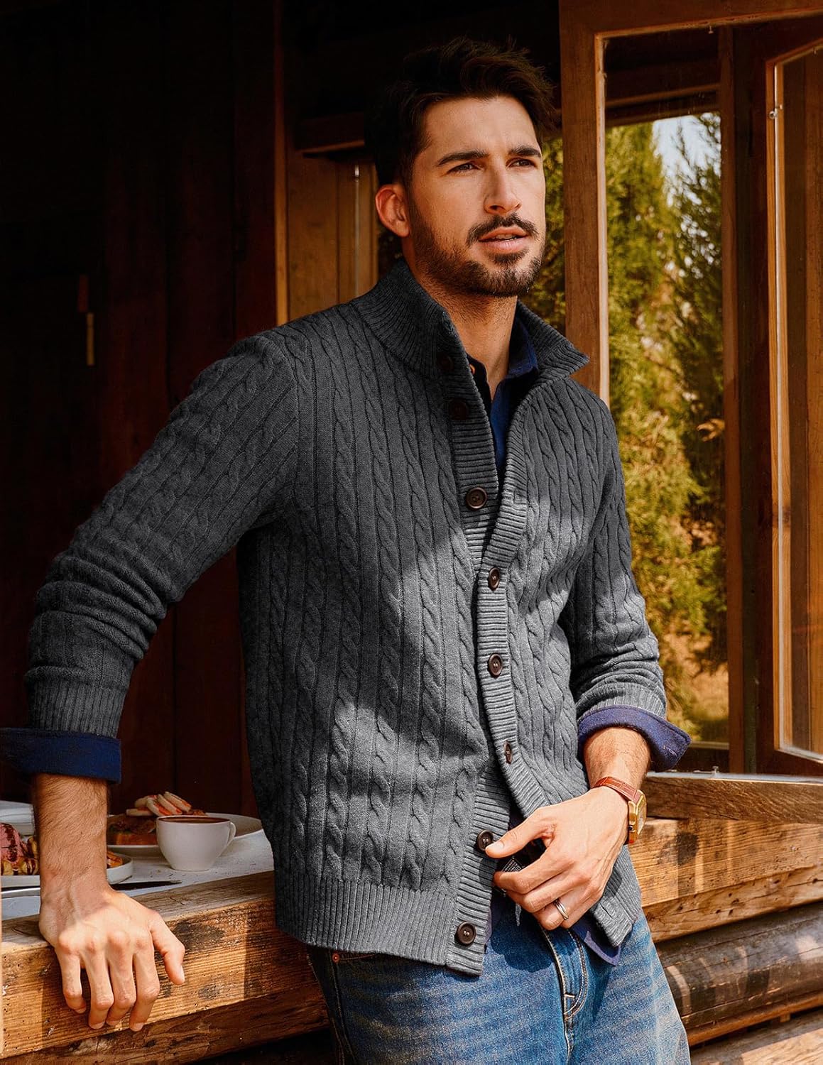 PJ PAUL JONES Mens Cardigan Sweater Button Up Stand Collar Sweater Knit Textured Sweaters - Image 3