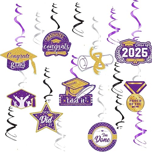 Decoraciones de graduación morado, negro y dorado 2024morado dorado, decoraciones de fiesta de graduación NYU, 15 espirales colgantes de clase de