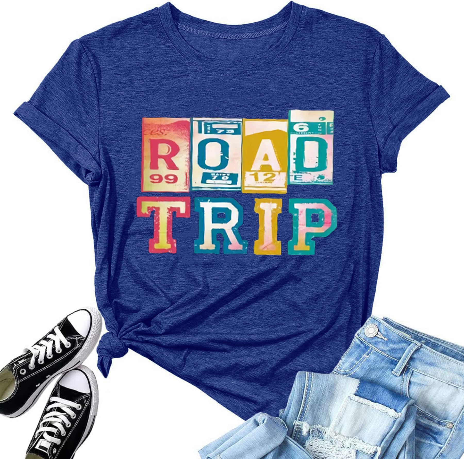 Road Trip Women Hiking Camping Active Shirts Loose Fit Workout Graphic Climbing Outfit 70s 80s 90s Vintage Outdoor Tee Tops, Navy Blue XL