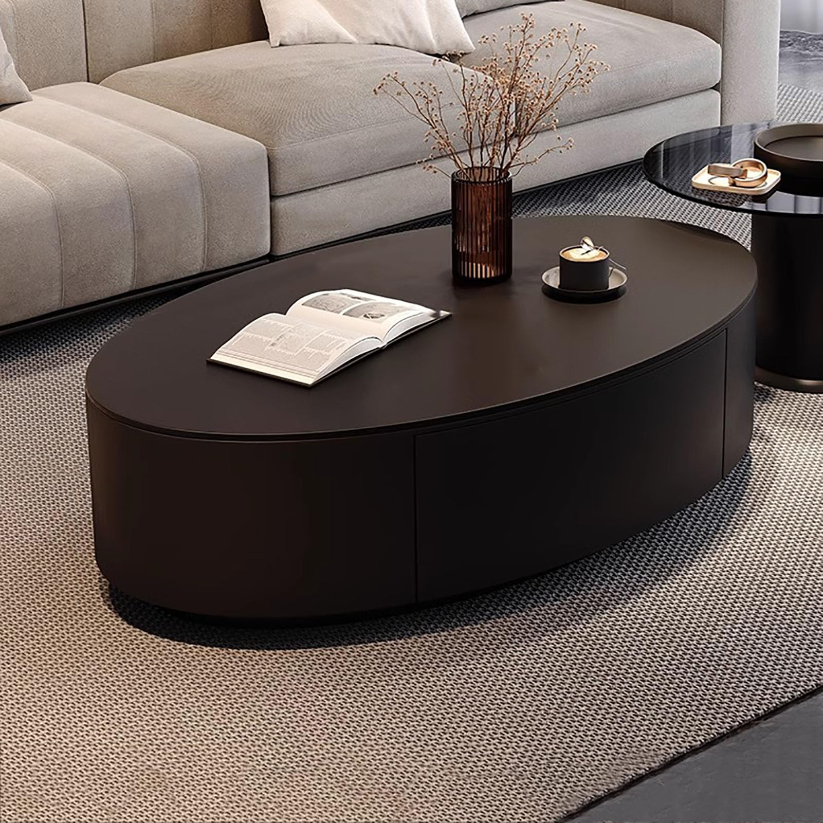 SXZenSpace Oval Nesting Faux Marble Coffee Table,Set of 2 Round Glass End Table Stacking Side Tables Modern Center for Living Room,A,120x60x35cm(47x24x14inch)