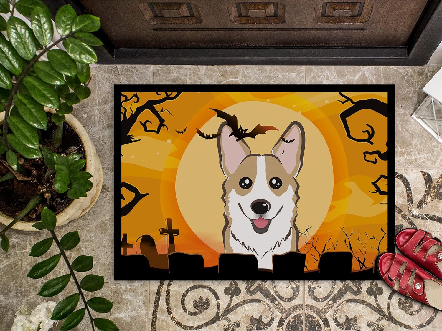Caroline's Treasures BB1811MAT Halloween Sable Corgi Doormat 18x27 Front Door Mat Indoor Outdoor Rugs for Entryway, Non Slip Washable Low Pile, 18H X 27W