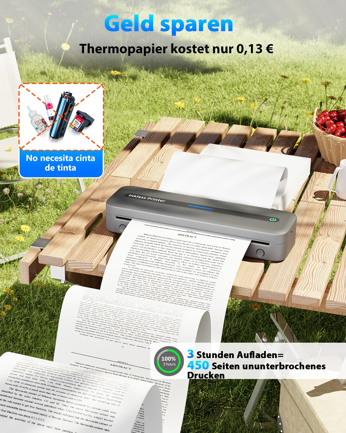 COLORWING Mobiler Drucker M832,Thermodrucker A4,Bluetooth Drucker Klein Kompakt für iPhone und Android,Wird mit Einer Rolle A4-Thermopapier Geliefert,Portbale Printers Wireless for Travel-Grau
