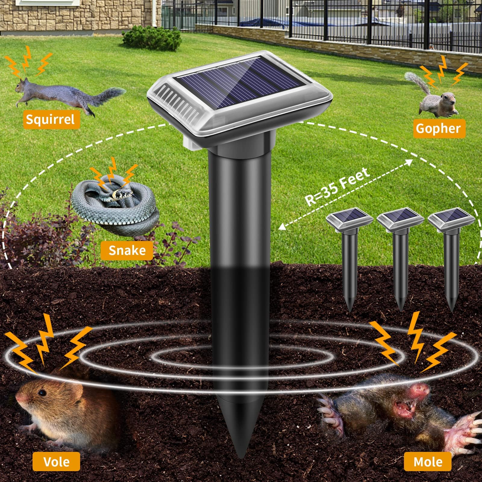 Repellente solare per talpe, a ultrasuoni, 4 pezzi, picchetto a ultrasuoni per talpe, serpenti, arvicole, gopher e altri repellenti