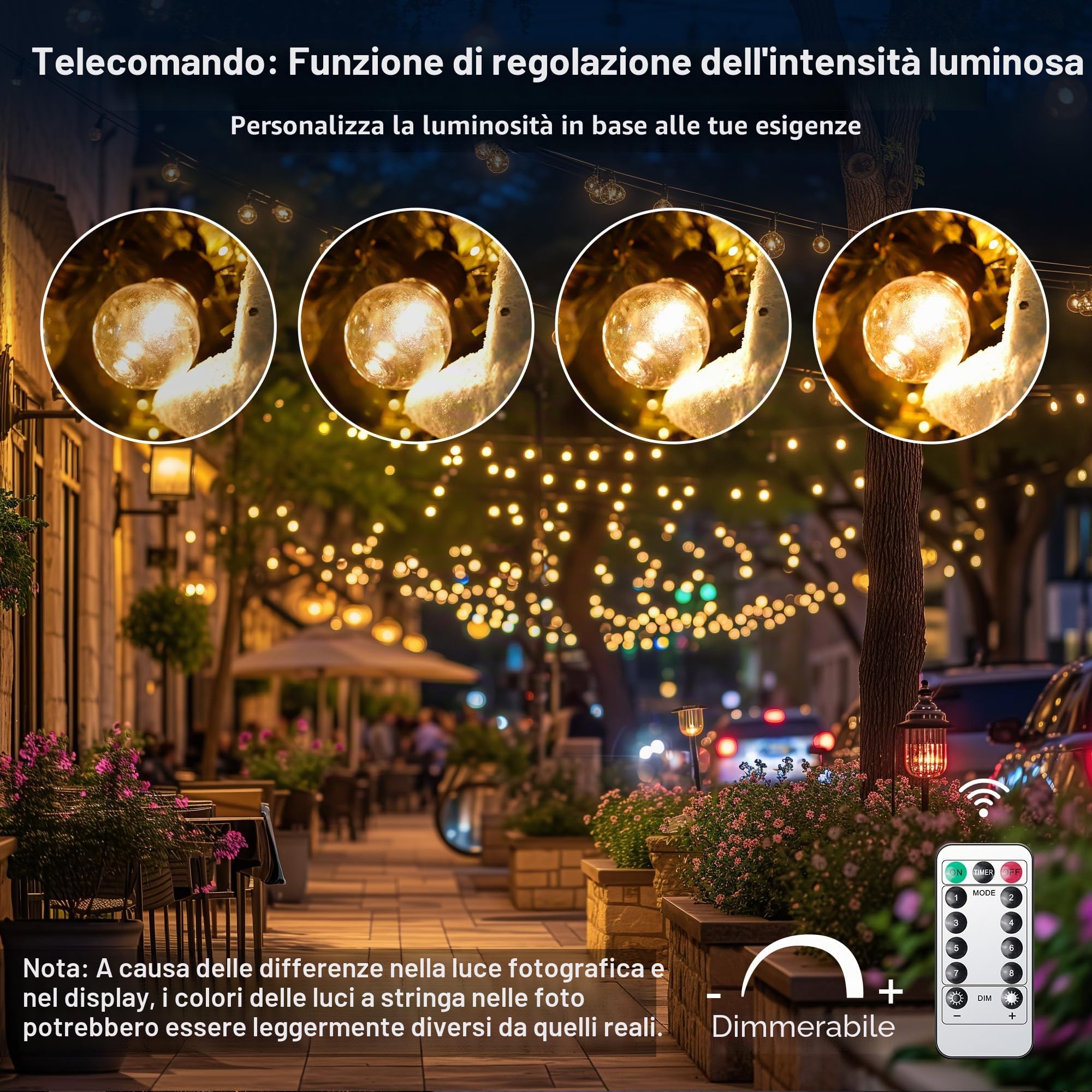 aurogeek Batteria Catena Luminosa Esterno, 9M/30FT 20pcs G30 LED lampadine Esterni Stringa Luci Impermeabile, 8 Modalità con Telecomando Decorazione per Matrimonio Balcone Giardino