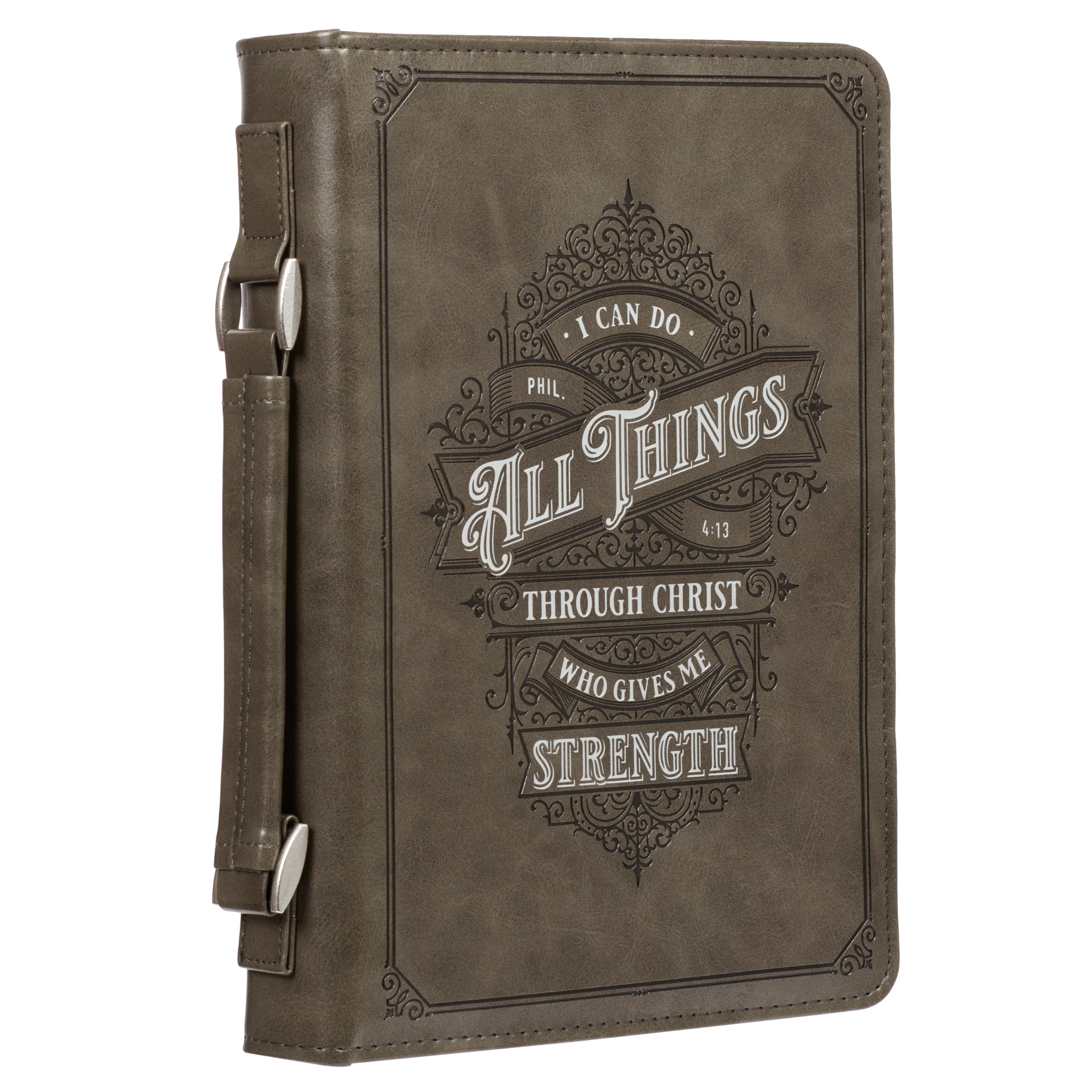 Christian Art Gifts Protective Gray Faux Leather Classic Bible Cover Carry Case: All Things Through Christ - Philippians 4:13 Bible Verse with Zipper