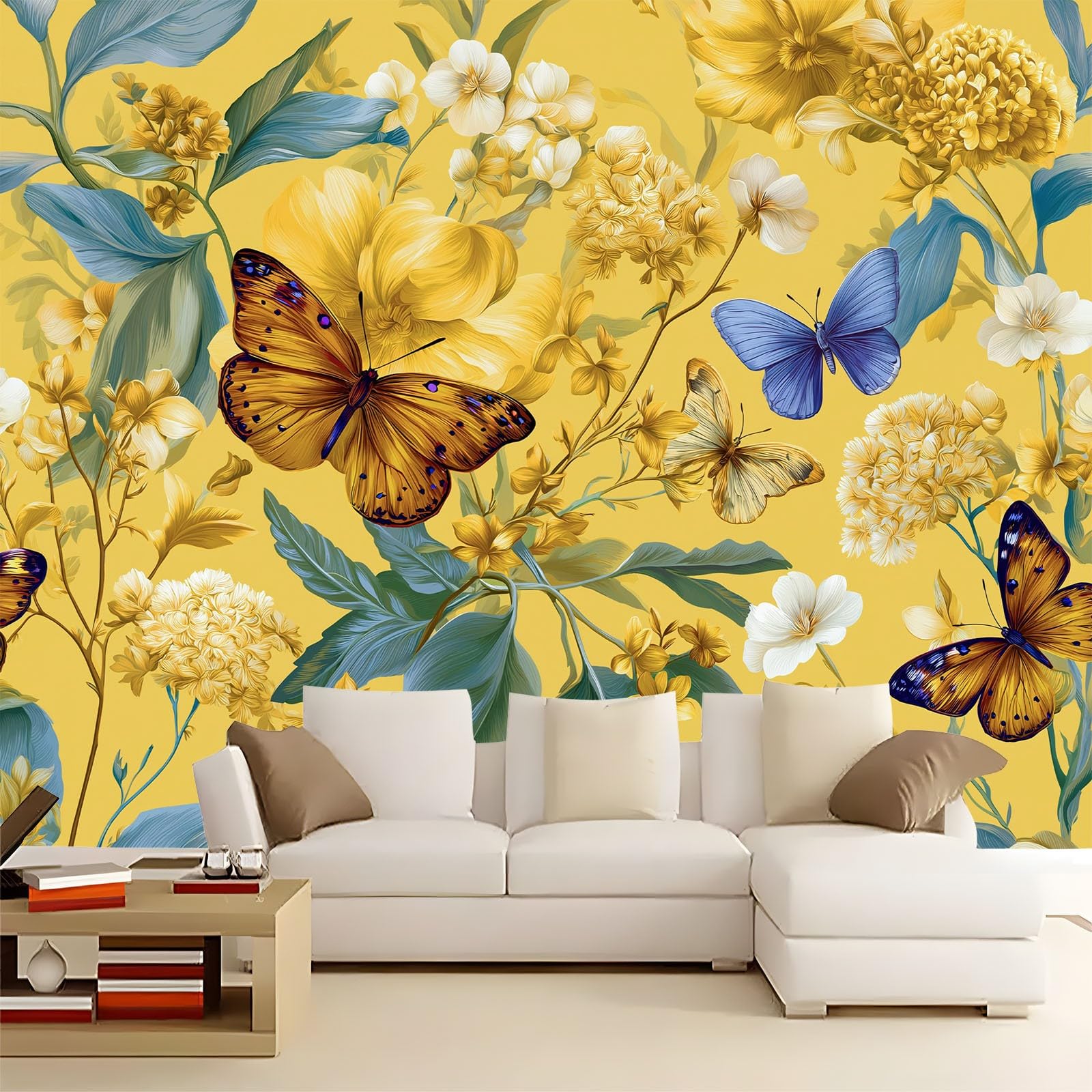 Fototapeta żółta, 300 x 210 cm – fototapeta w stylu retro, wysokiej jakości, włóknina, kwiaty, motyle, nadruk, tapeta do salonu, dekoracji domu, sypialni, kuchni, tapeta ścienna