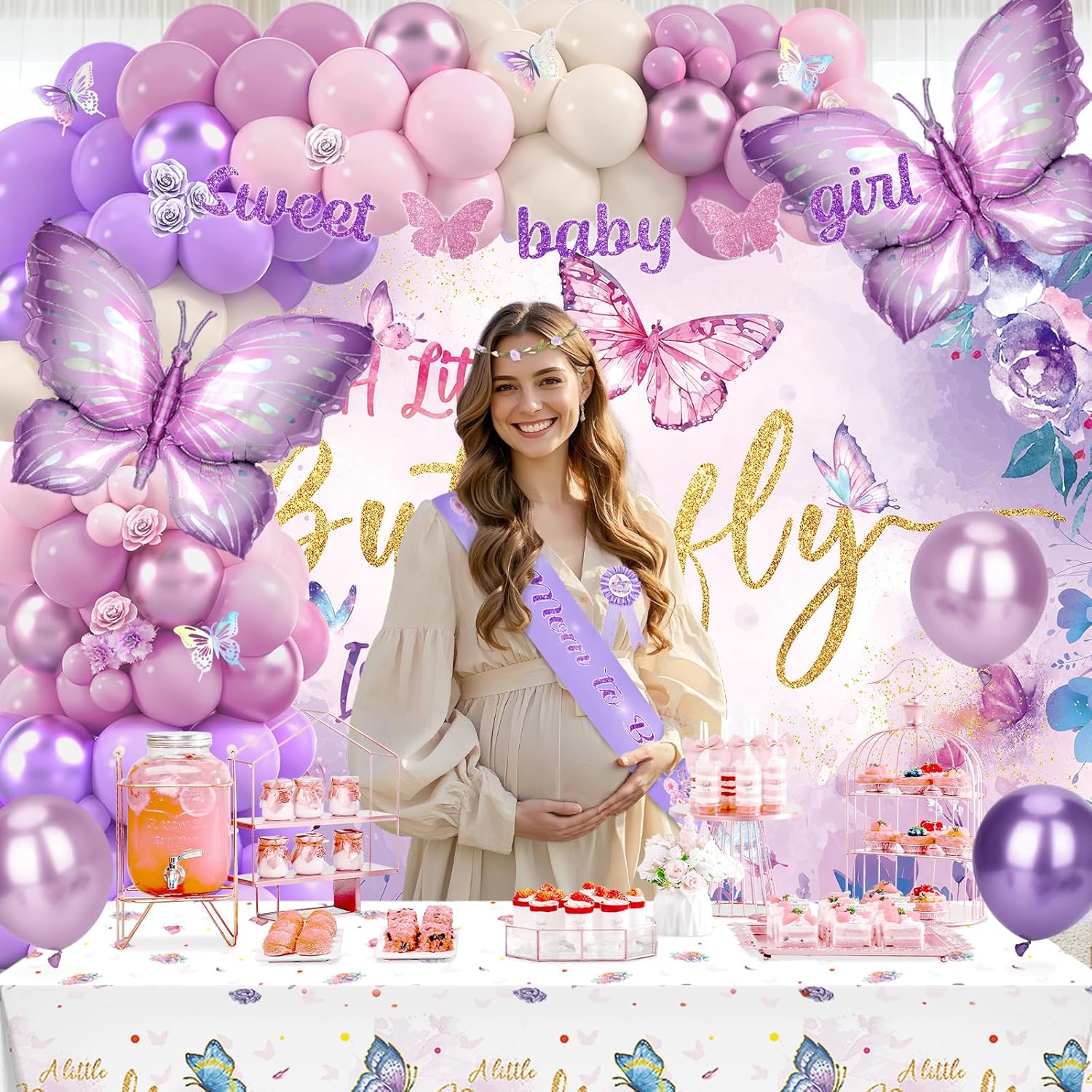 Butterfly Baby Shower Decorations, Baby Girl Shower Decorations A Little Butterfly Is On The Way Backdrop Sash Tablecloth Cake Toppers Stickers Pink Purple Balloons Baby Boxes Baby Shower Girl Decor