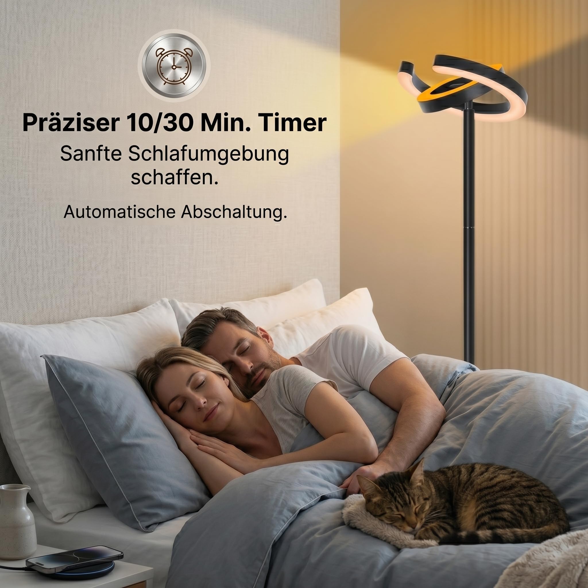 Stehlampe Wohnzimmer LED Dimmbar, 36W Super Hell 2000LM Deckenfluter mit Fernbedienung, 2 Drehbar C-Ring Lampenköpfe, 191cm Moderne Stehleuchte für Schlafzimmer Büro Esszimmer, Schwarz