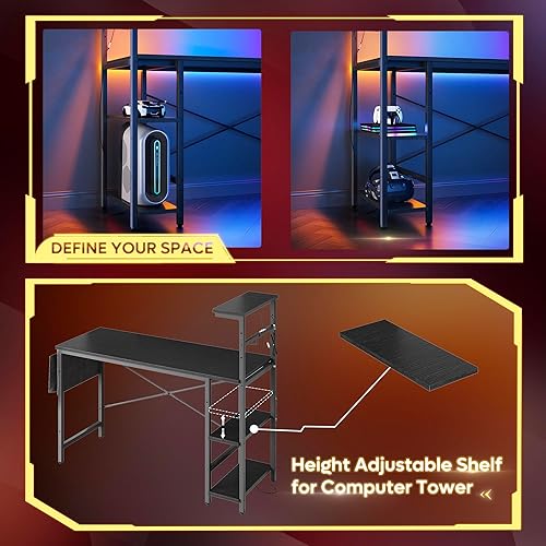 Miniatura 6 de Bestier Escritorio para juegos con luces LED, escritorio para computadora con estantes reversibles de 4 niveles, escritorio de 51.3 pulgadas para