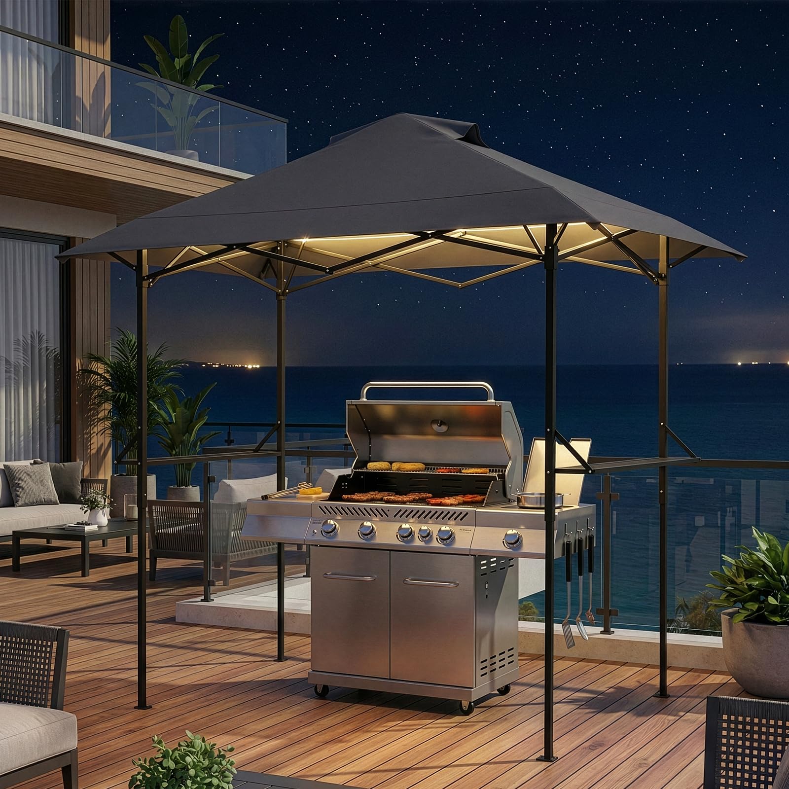 LEADZM Cenador plegable para barbacoa, 255 x 150 x 240 cm, marco de metal resistente, con ventilación, resistente a la intemperie, impermeable, protección solar, resistente al viento, para jardín
