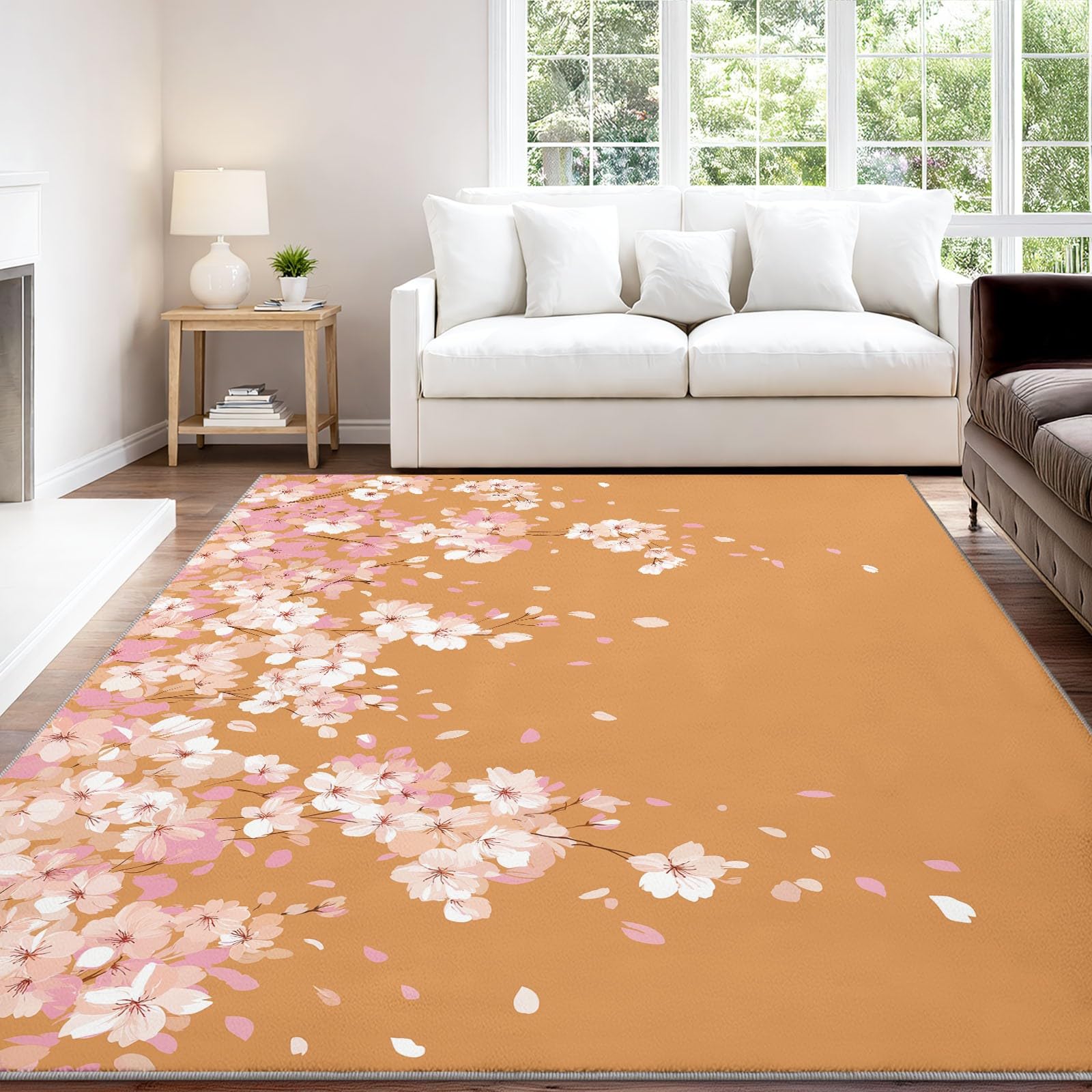 Generisch Wykwintny kwadratowy dywan flanelowy, 50 x 80 cm, zmywalny i antypoślizgowy, romantyczny, naturalny kwiat wiśni, do sypialni, biura lub jadalni