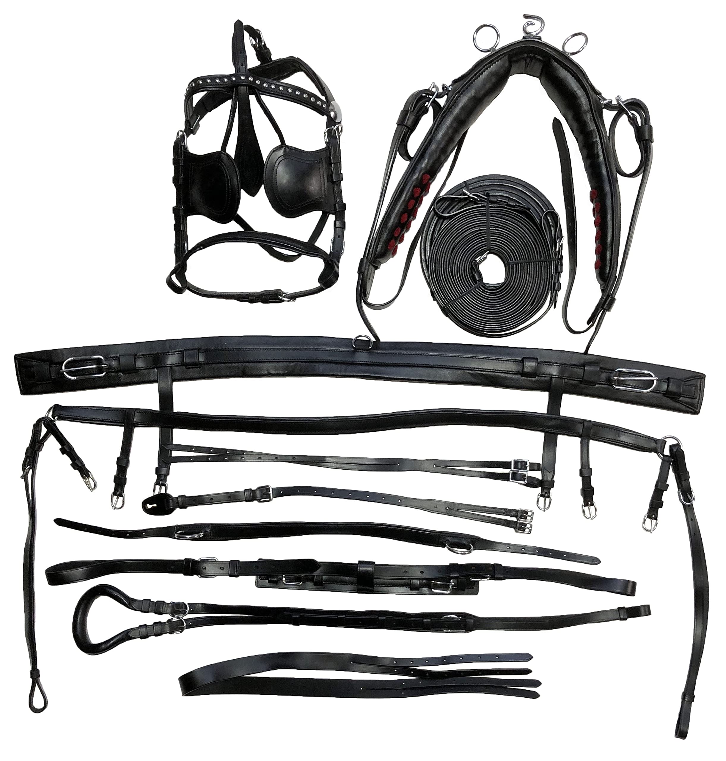 Equitem Black Leather Horse Size Driving Show Training Cart Harness with Studded Accents