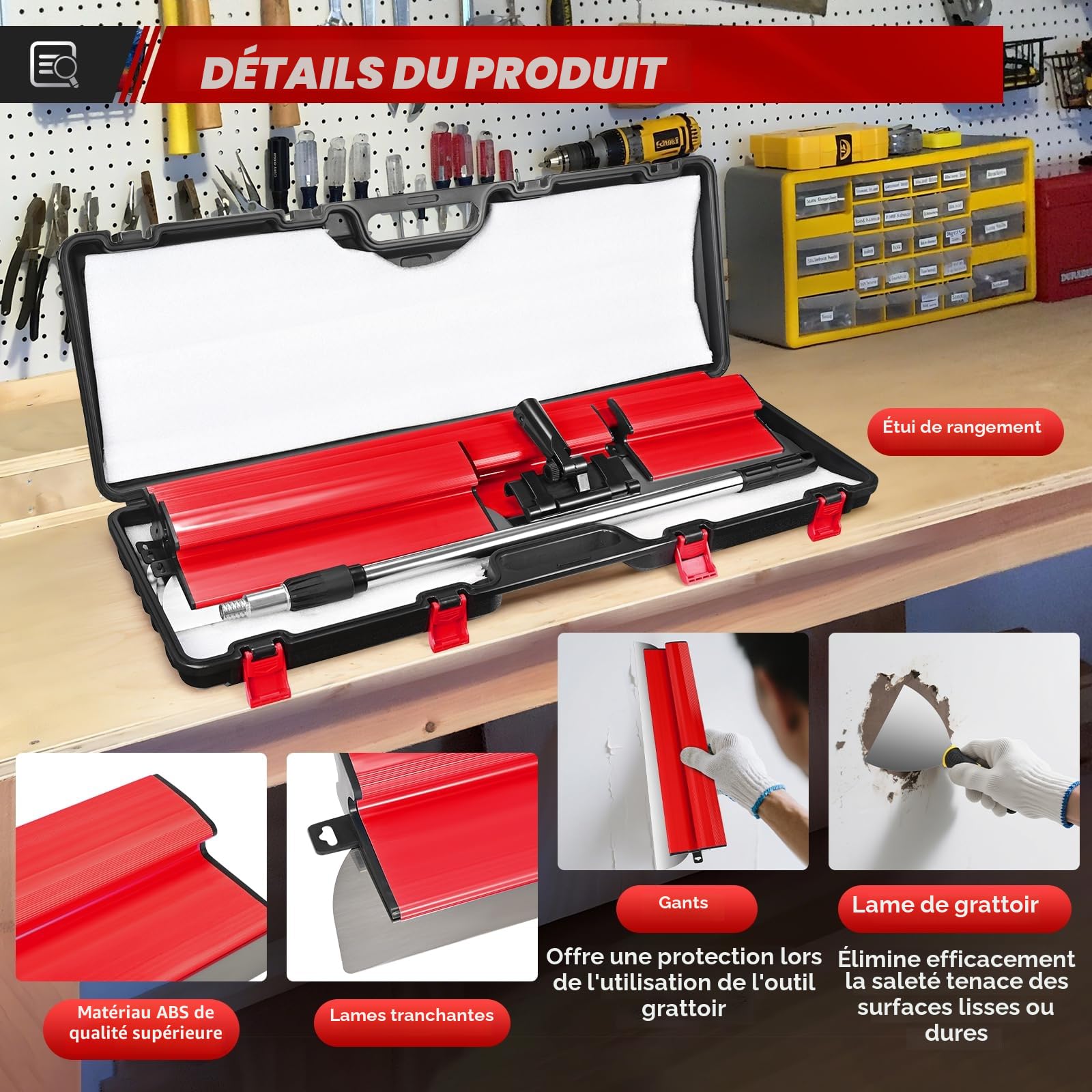 Kit de spatules de surface - Lames de mastic 15 cm, 25 cm, 40 cm, 60 cm et 80 cm + manche d'extension de 85 cm à 130 cm, couteau de construction en acier inoxydable