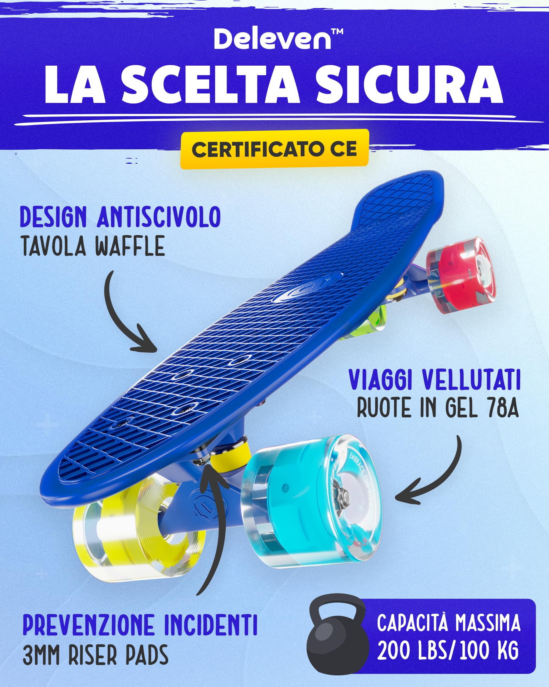 Deleven Skateboard 56cm con Ruote LED, Tool per Skate e Cuscinetti Abec 7 - Per Bambini Principianti Ragazze Ragazzi Adolescenti Adulti