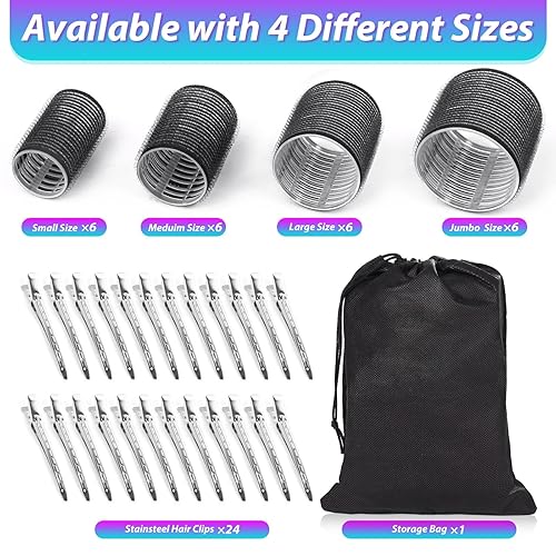 Miniatura 2 de Juego de rizadores de pelo con 24 rodillos (6 jumbo, 6 grandes, 6 medianos, 6 pequeños) y 24 clips para todas las longitudes de cabello (negro)
