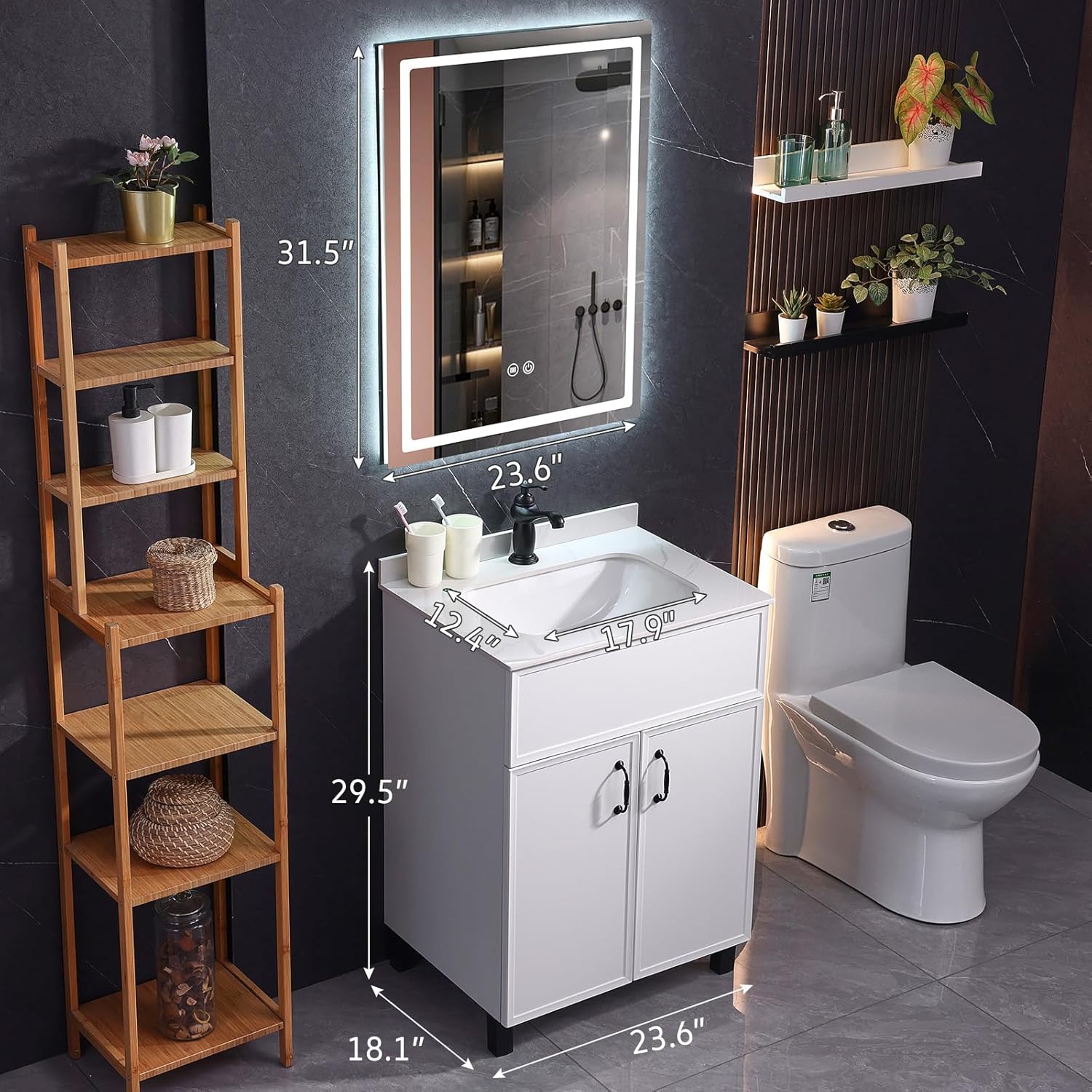 23.6" Bathroom Vanity with Sink and Mirror Combo, Modern Bathroom Vanity Cabinet with Smart Mirror with 1 Soft-Close Door and Metal Handle