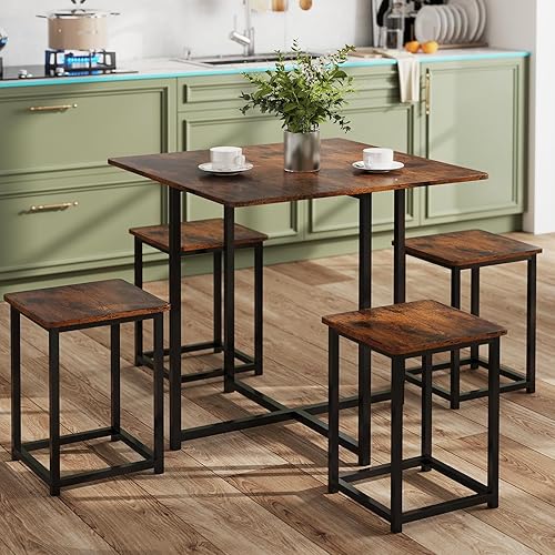 Miniatura 9 de Tangkula Juego de mesa de comedor compacto para 4, juego de mesa de cocina pequeña con taburetes cuadrados y marco de metal, perfecto para espacios