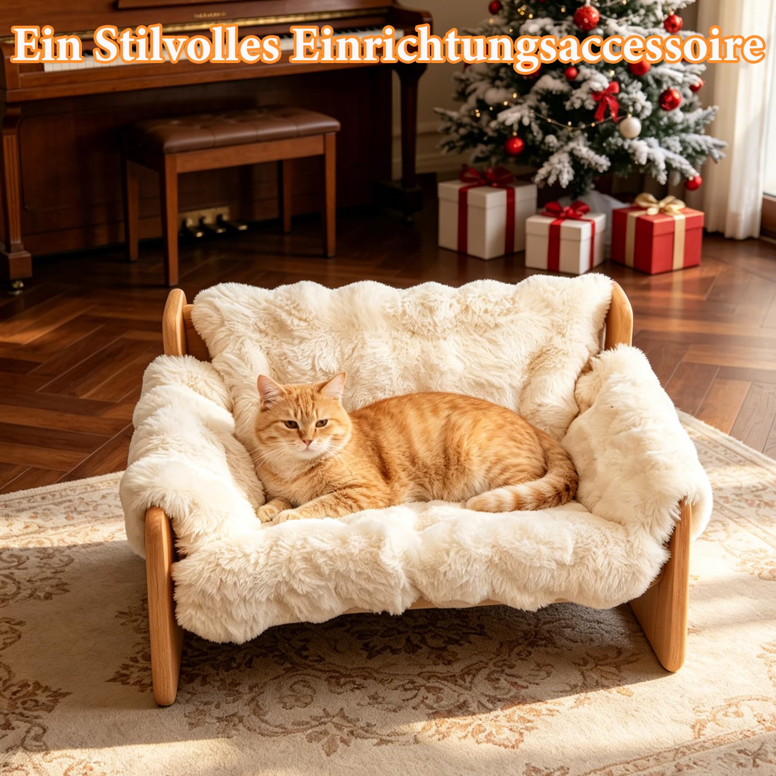 AtomviaErhöhtes Katzenbett aus Holz 69 x 47 x 30 cm, Katzensofa mit Abnehmbarem Waschbarem Plüschbezug, Katzenliege Indoor, Robustes Katzenmöbel für Kleine und Große Katzen, Cremeweiß