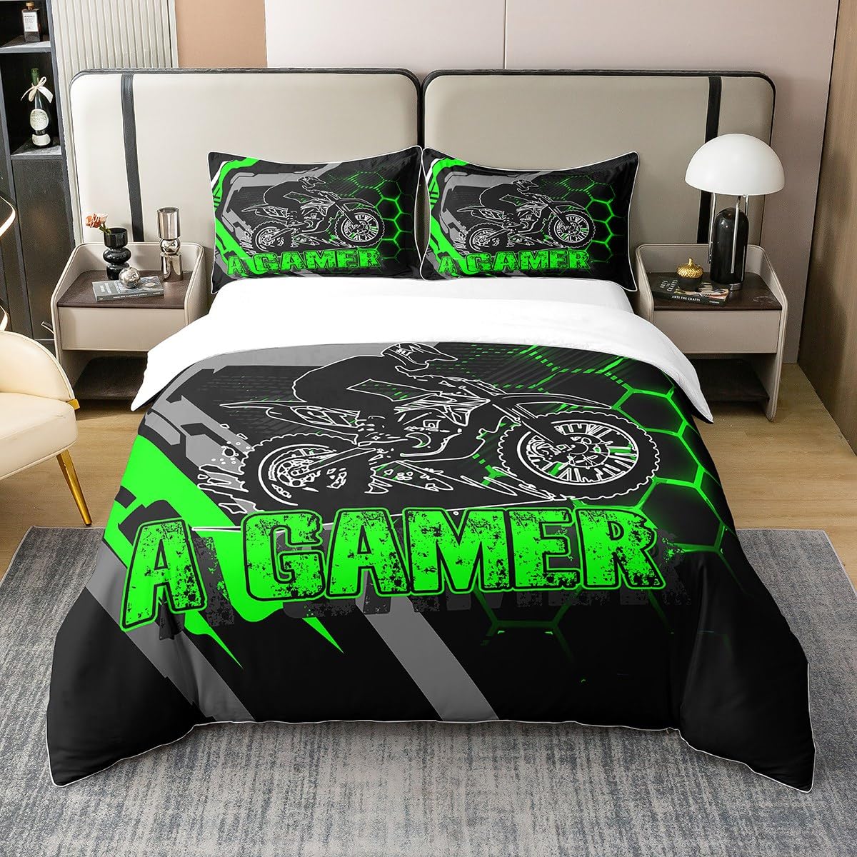 Set di biancheria da letto per ragazzi e ragazzi, 100% cotone naturale, con linee verdi e grigie, neon a nido d'ape, per bambini, ragazzi, adolescenti, adulti, con moto da cross, sport estremi, con 2