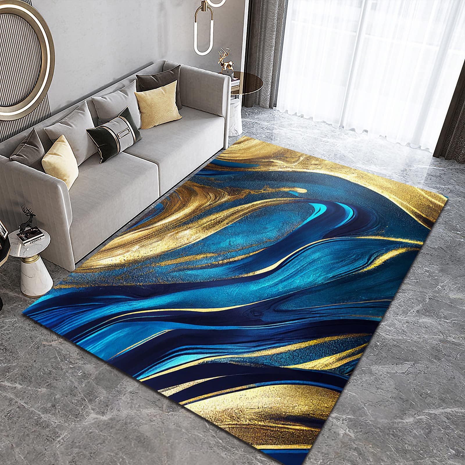 Tapis de chambre à coucher 3D incurvé 3D effet marbre bleu doré, antidérapant, doux au toucher, facile à nettoyer, pour bureau, famille et animaux de compagnie, 160 x 220 cm
