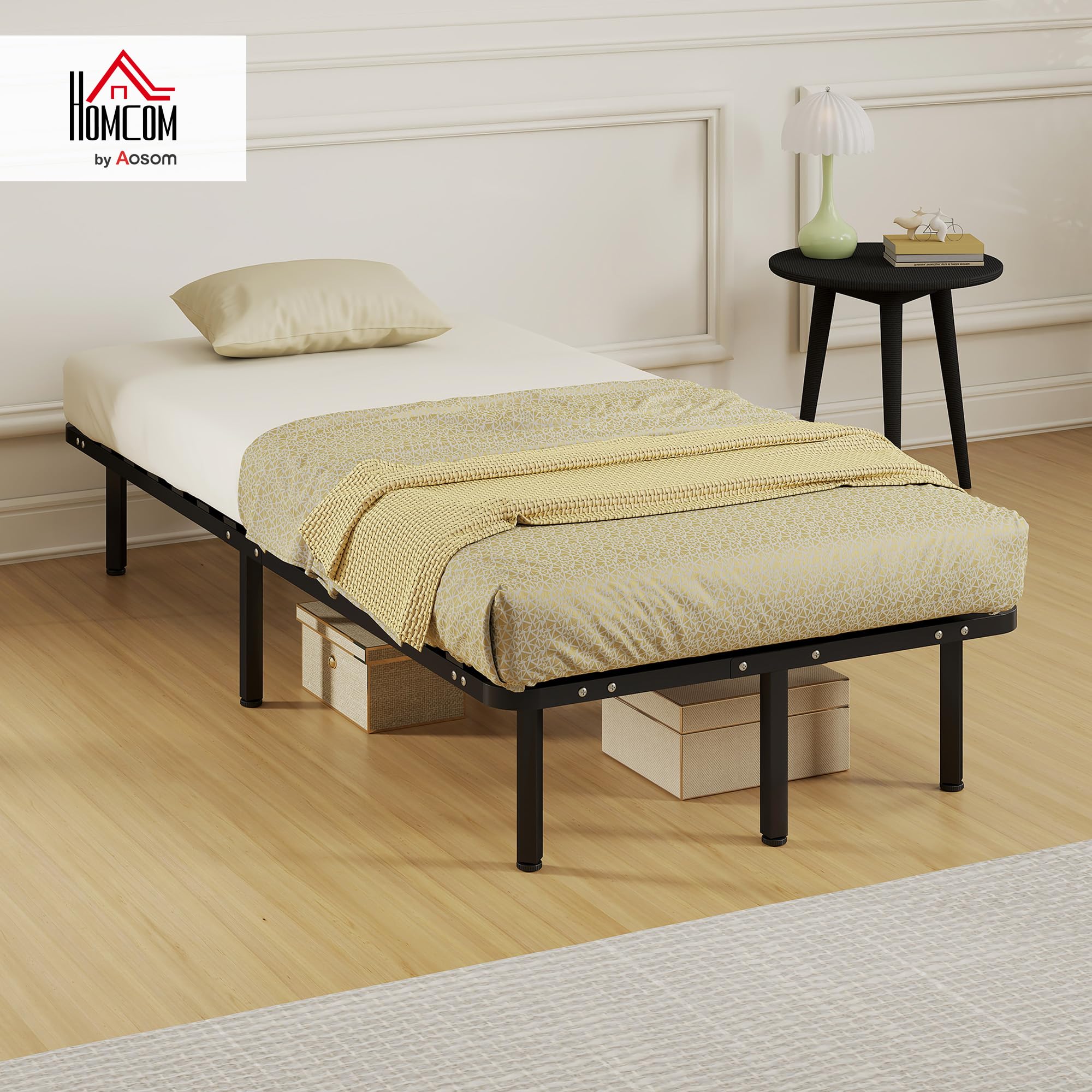 HOMCOM Struttura Letto Singolo 90x190 cm a 28 Doghe, Rete Letto Singolo in Legno con Struttura in Acciaio e Spazio Contenitore Inferiore, per Camera da Letto, Montaggio Facile, Altezza 31cm, Nero