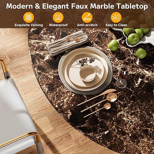 Miniatura 5 de 47" Round Dining Table for 4-6, Modern Marble Kitchen Table with 2-Tier Storage Shelf & Fluted Slide Door for Small Space, Mid-Century Circle Dinner