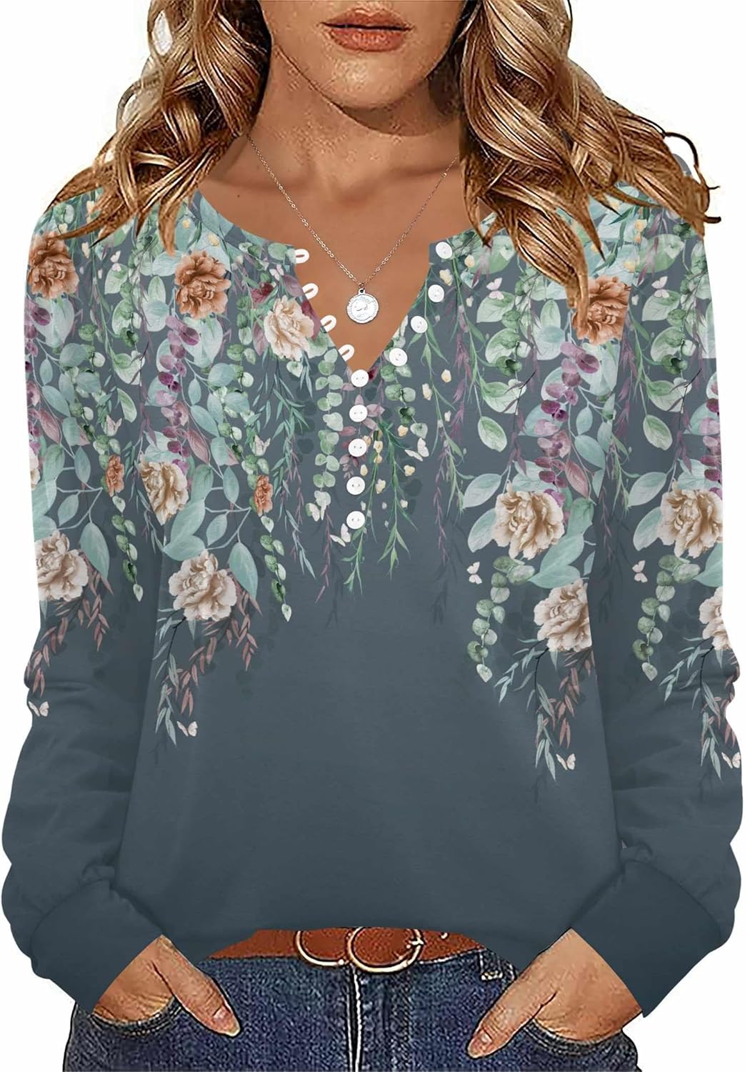 Zeagoo Fall Tops for Women Long Sleeve Button Up Shirts Floral Tunics V Neck Pullover Blouse
