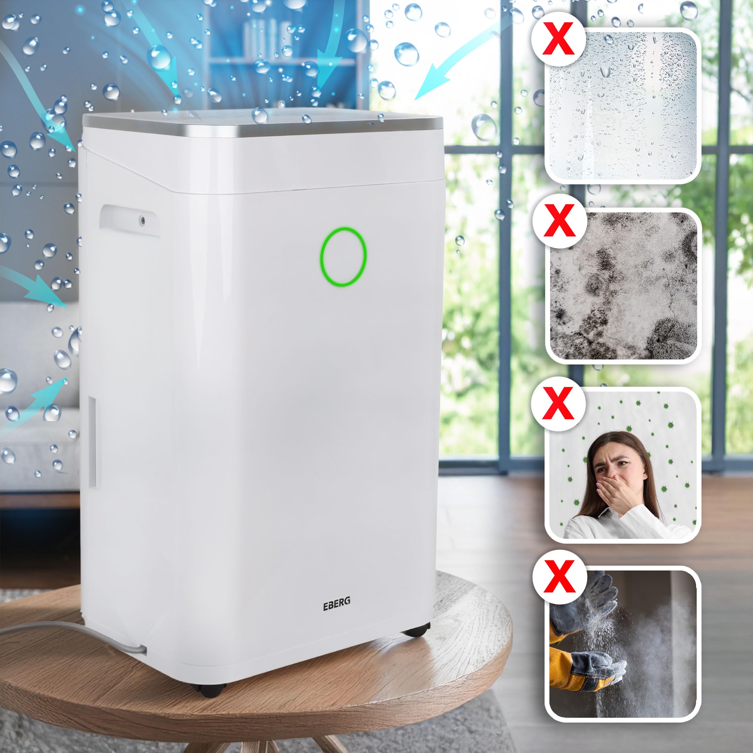 EBERG AZARI osuszacz powietrza 20 l/24 h, higrostat, suszenie prania, zbiornik 6,5 l, LCD, timer, ciągły drenaż, do domu i piwnicy, biały